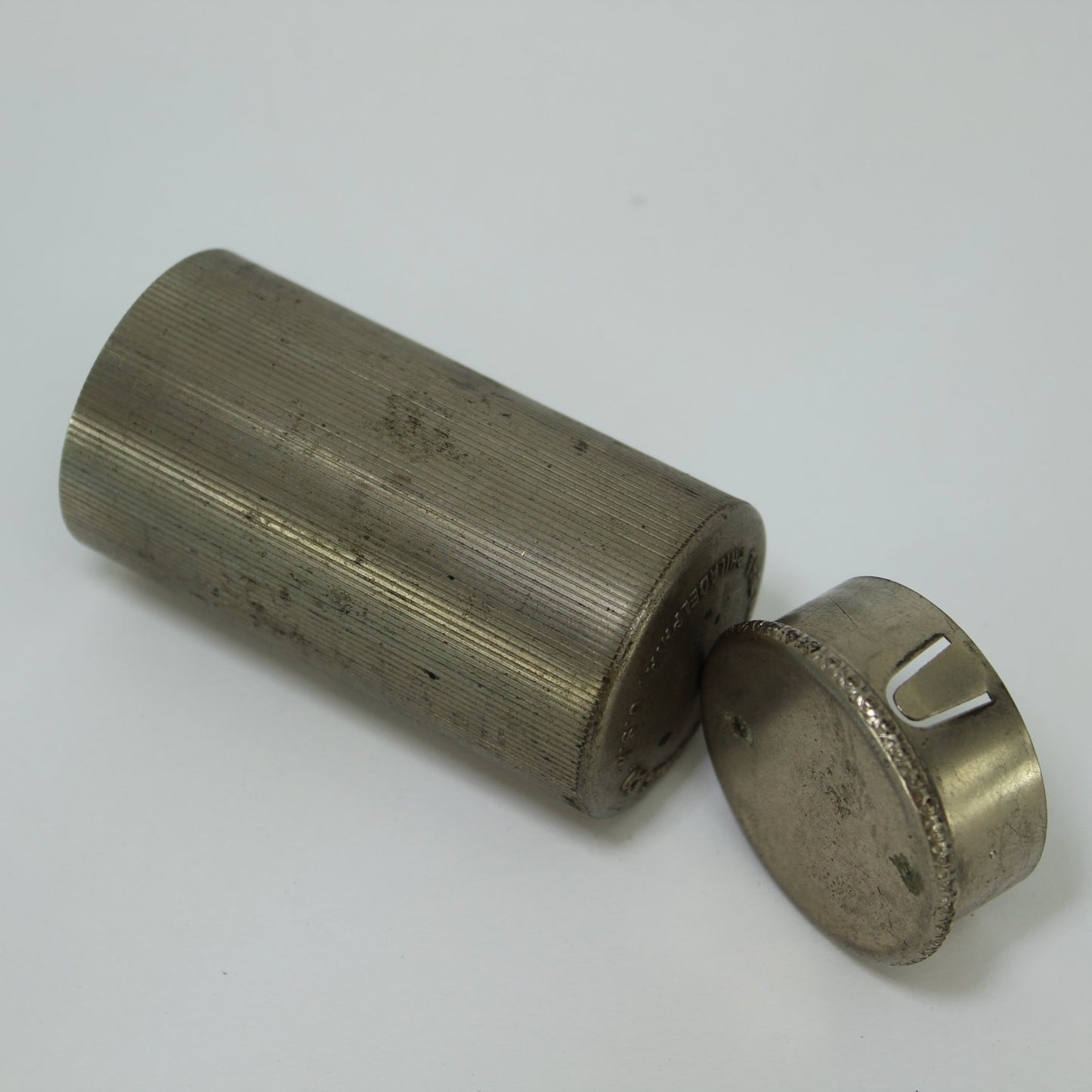 Vanity Bath Collectibles National Drug Metal Container Clothes Brush Natural Metal Screw Top view with open container