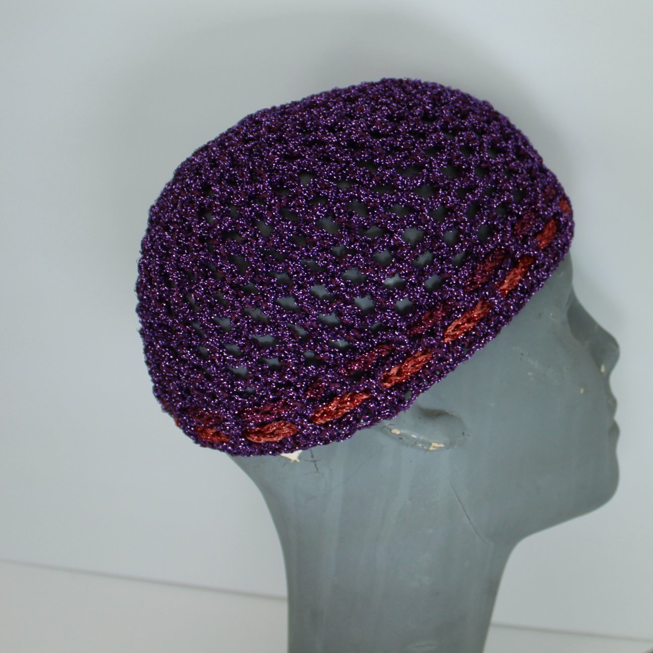 Sparkling Metallic Yarn Cloche Purple Peachy Cranberry side view cloche