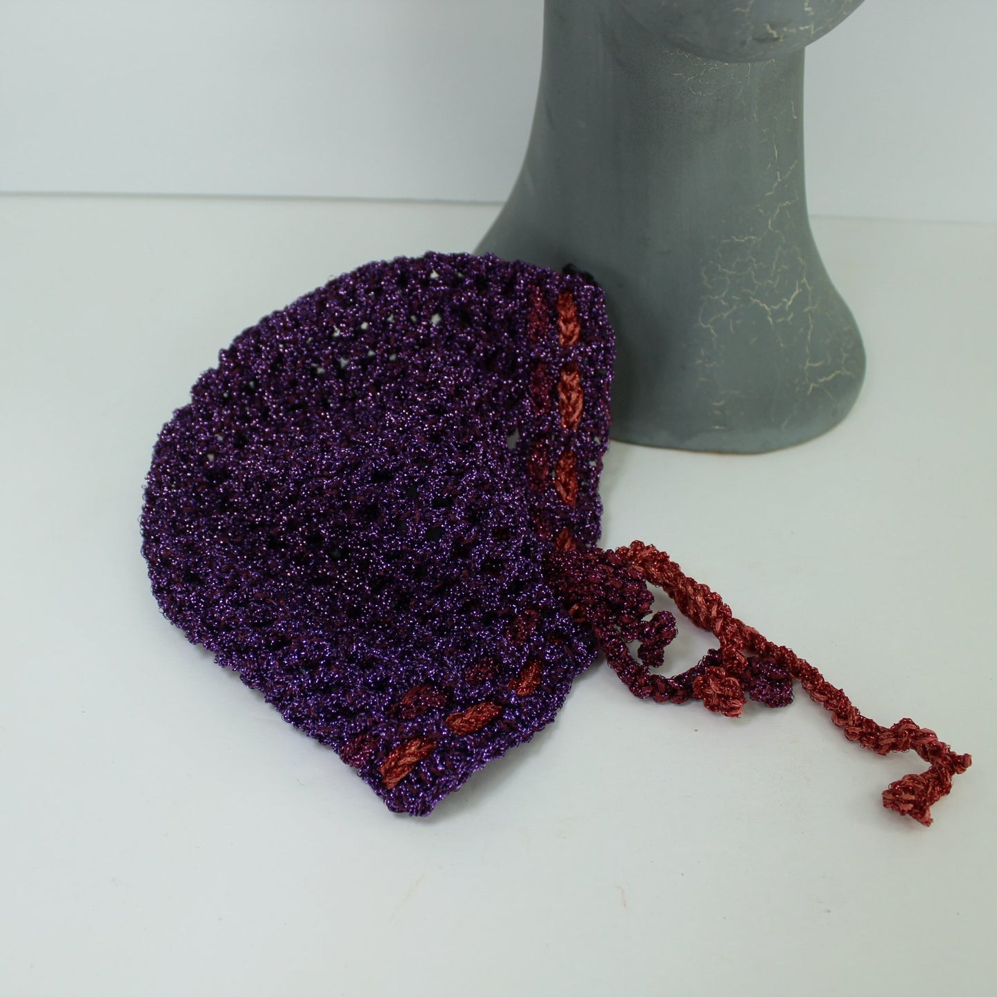 Sparkling Metallic Yarn Cloche Purple Peachy Cranberry cloche laying flat