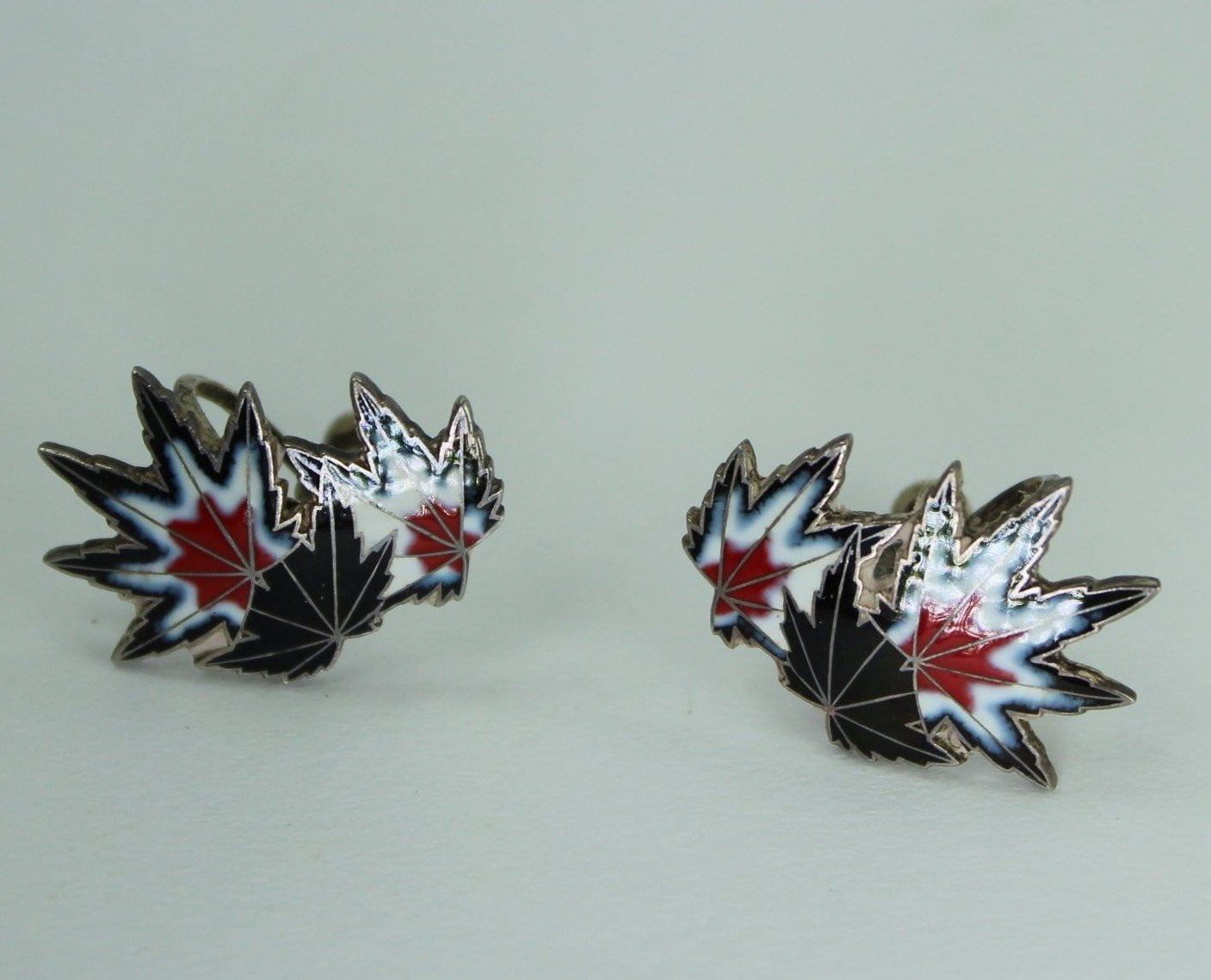 Vintage Enamel Earrings Silver Modernist Leaves Black Red Denmark Style stylized