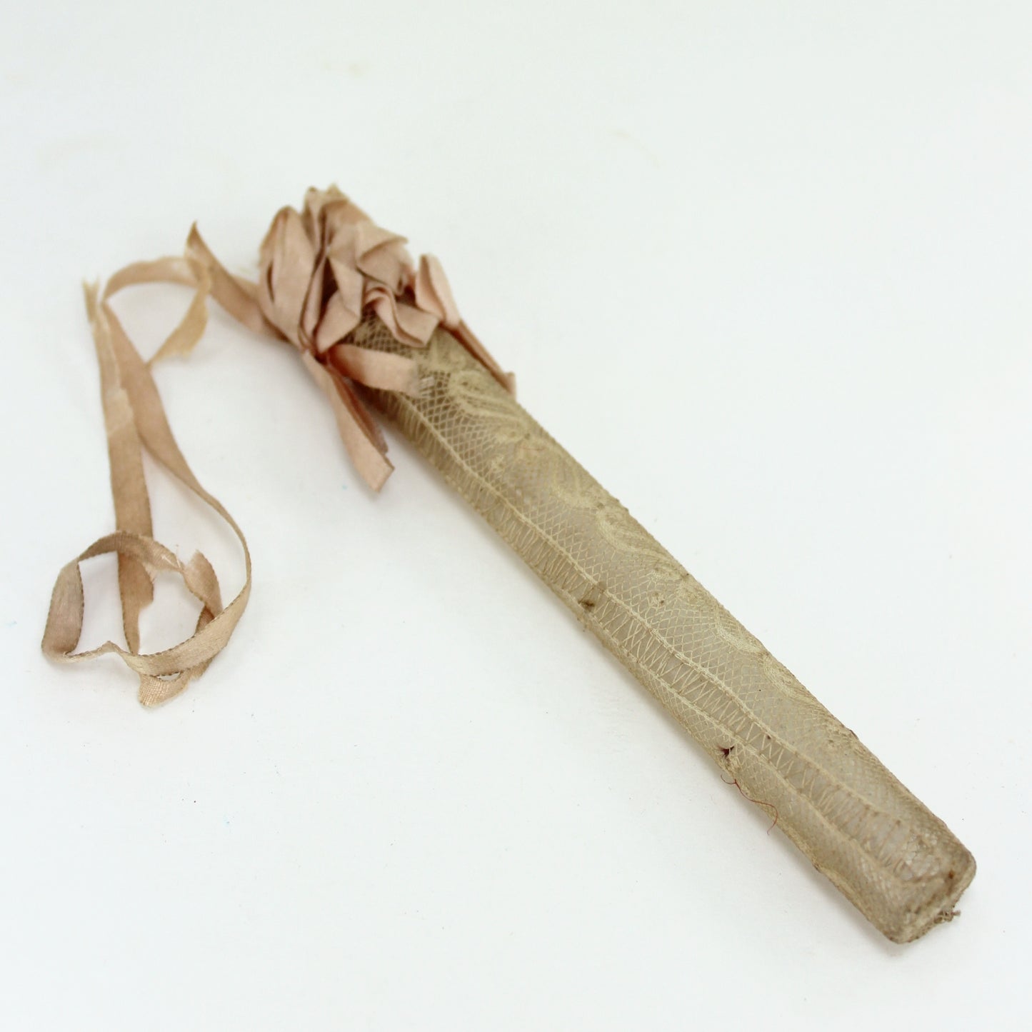 Victorian Tussie Mussie Flower Perfume Holder Wedding Fine Lace & Ribbons Clear Glass Tube pale pink ribbon