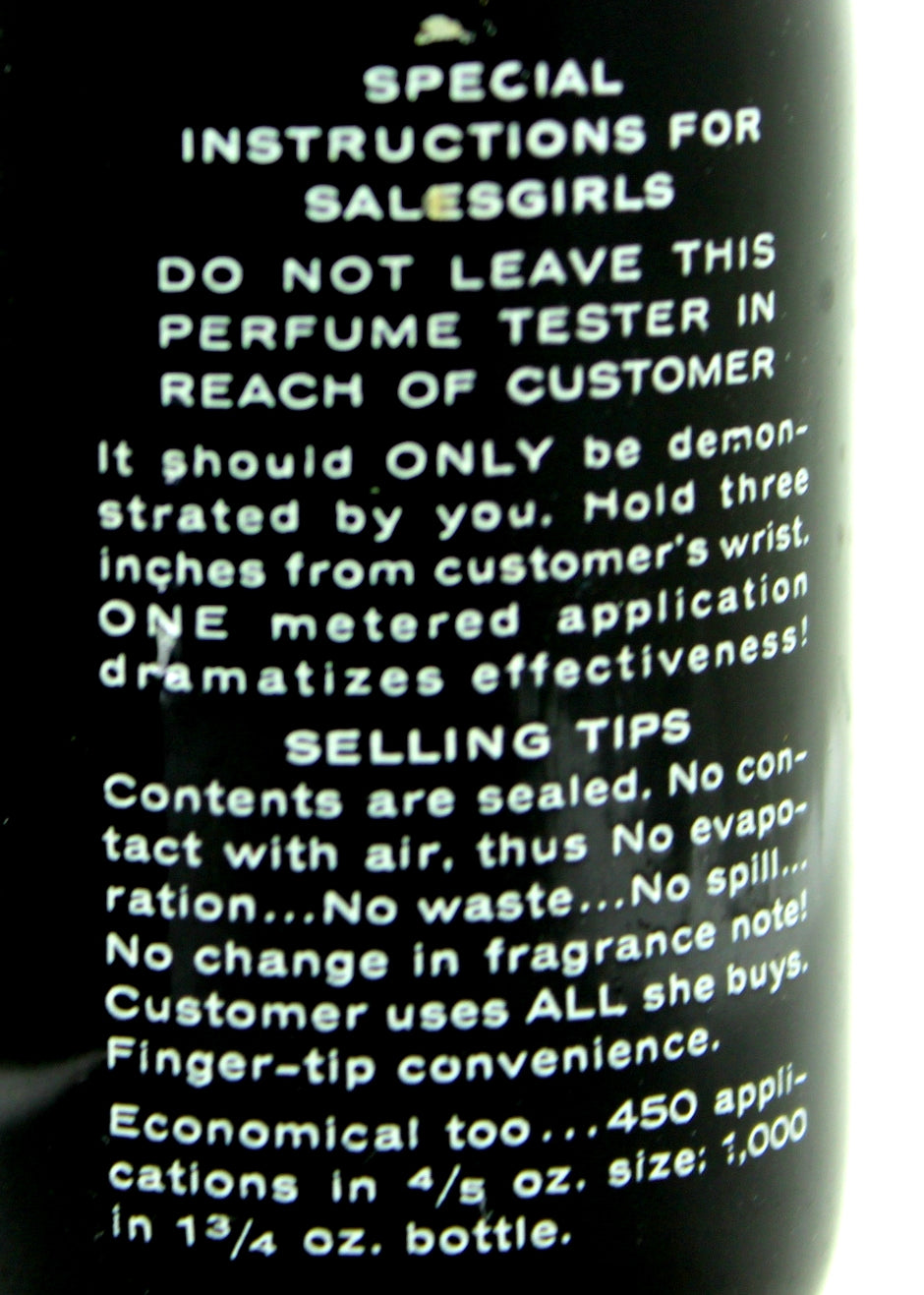 Chantilly Houbigant Perfume 1950s Demonstration Factice Bottle Chauvinistic "Instructions to Salesgirls" 1950s demonstration bottle