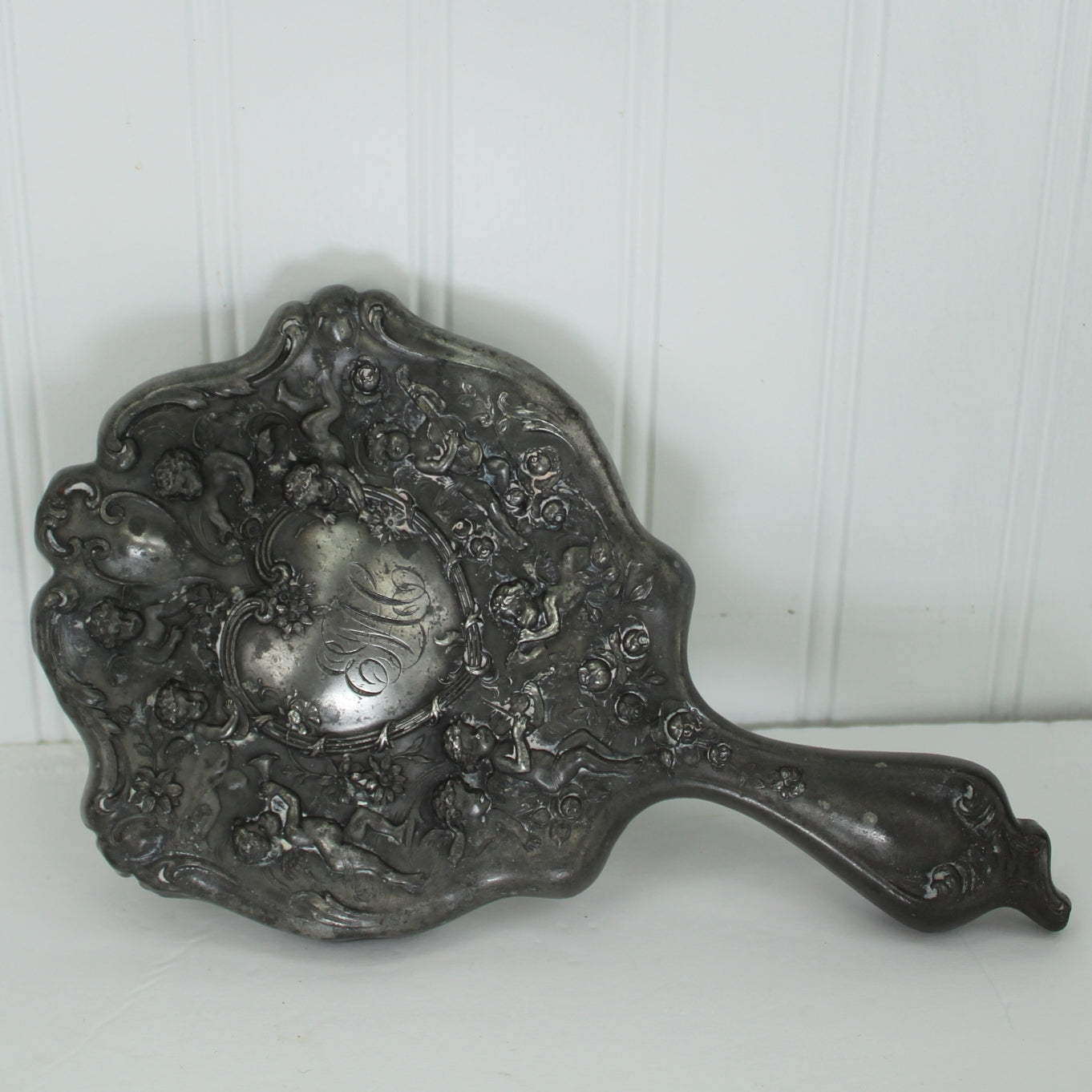 Pewter Hand Mirror Cherubs Angels Old Use DIY Craft Picture Frame