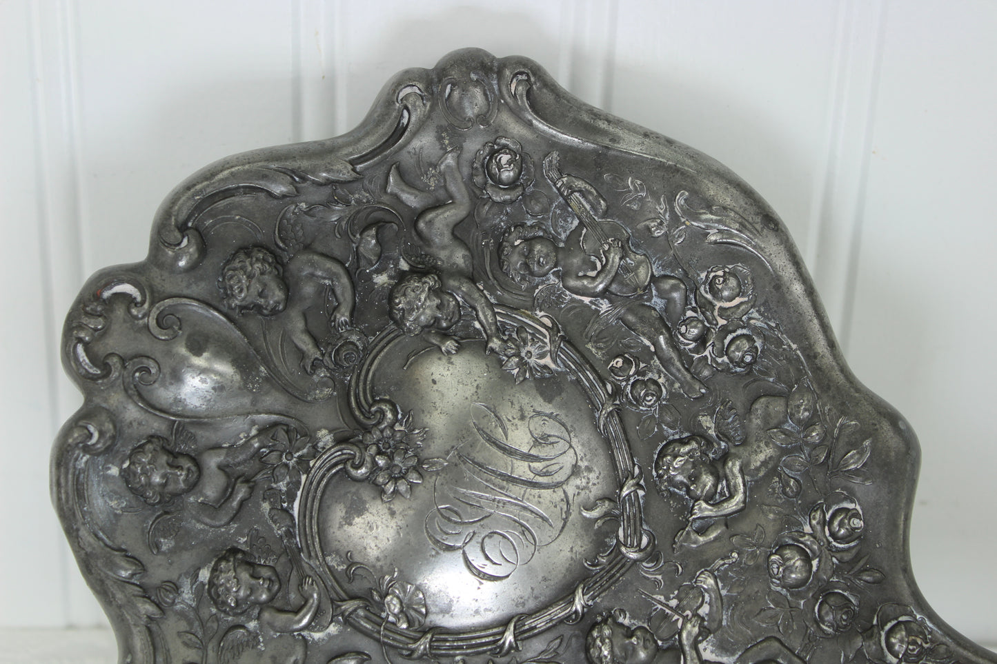 Pewter Hand Mirror Cherubs Angels Old Use DIY Craft Picture Frame lovely monogram
