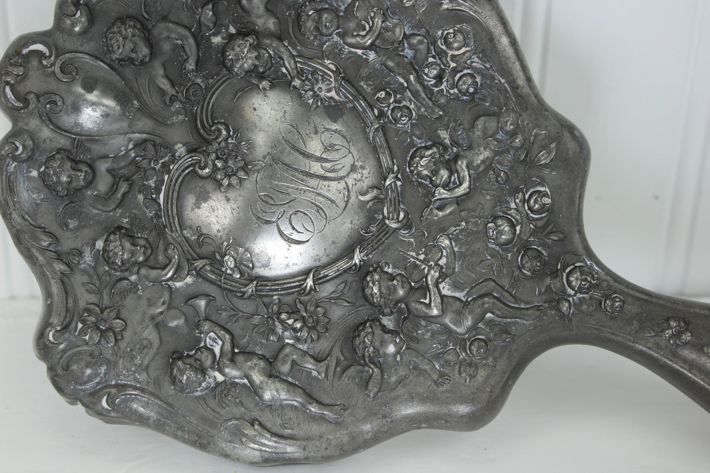 Pewter Hand Mirror Cherubs Angels Old Use DIY Craft Picture Frame lots of angels