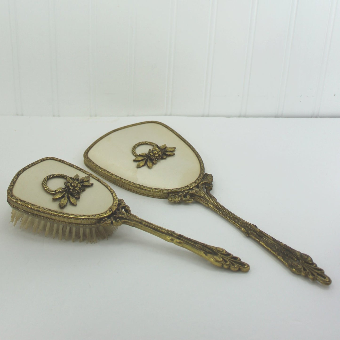 Vintage Globe 1950s Vanity Set Hand Mirror Brush Roccoco 24K Plate