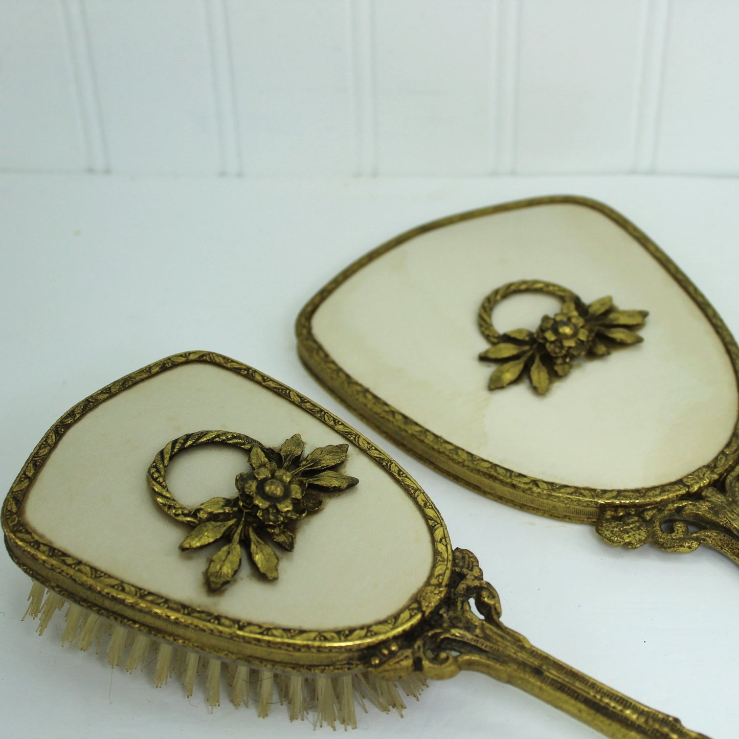 Vintage Globe 1950s Vanity Set Hand Mirror Brush Roccoco 24K Plate dimensional wreath flower design on back
