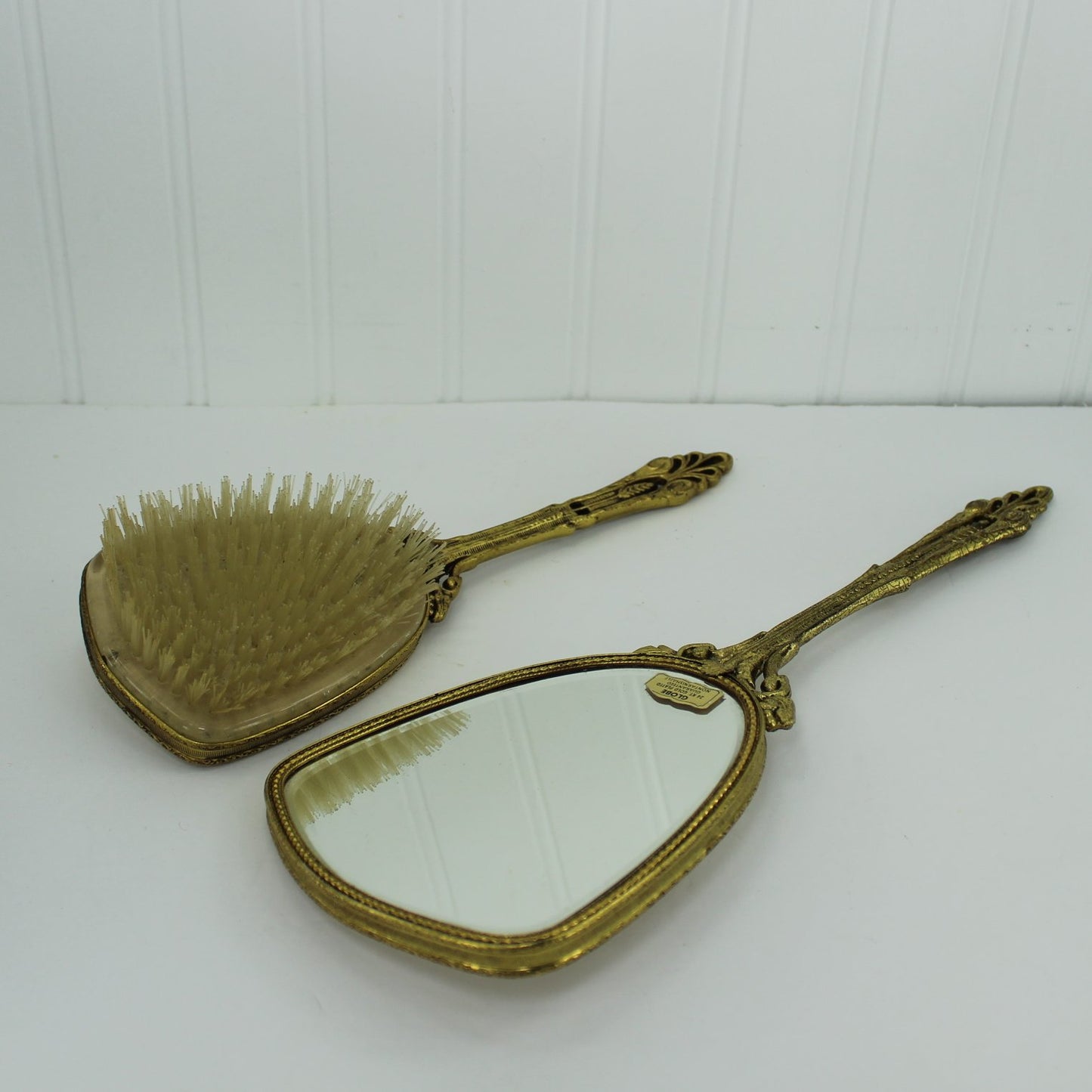 Vintage Globe 1950s Vanity Set Hand Mirror Brush Roccoco 24K Plate maker marked 24 KT plate