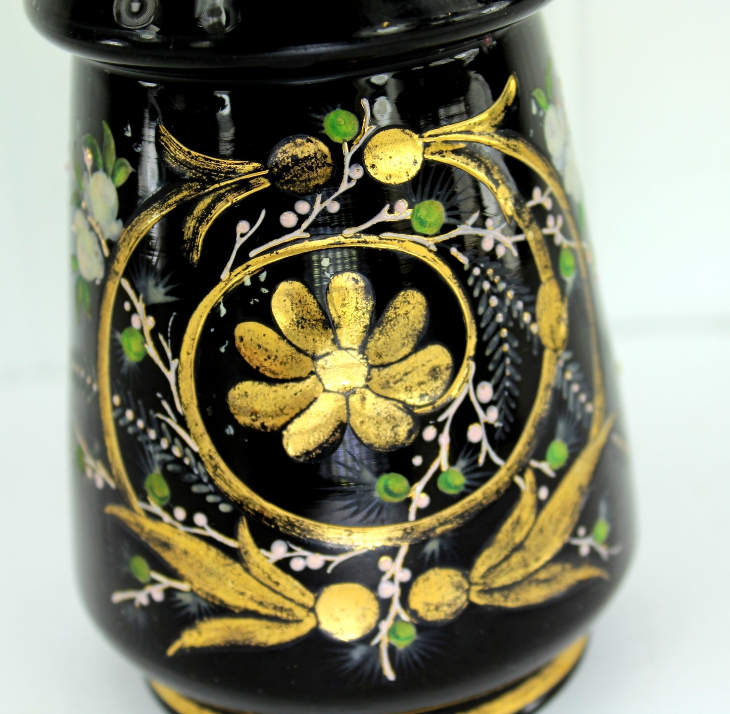 Vintage Czech Scent Barber Bottle Black Enamel Painted Florals display refill use as vase