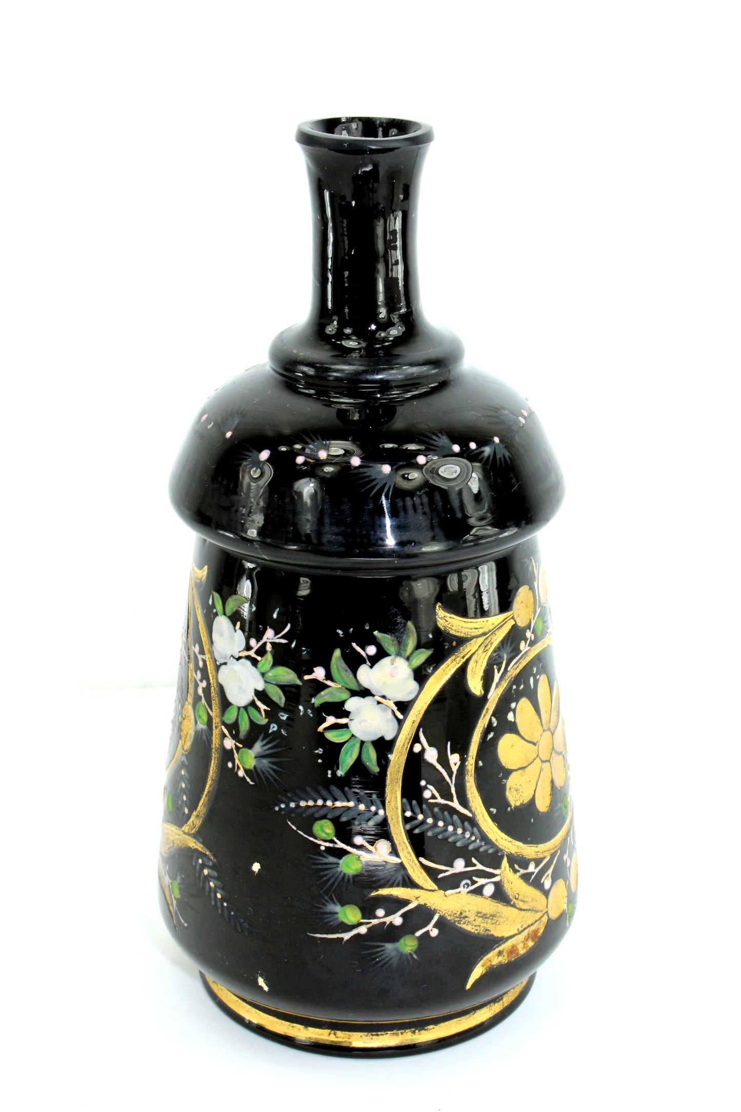 Vintage Czech Scent Barber Bottle Black Enamel Painted Florals painted all around bottle