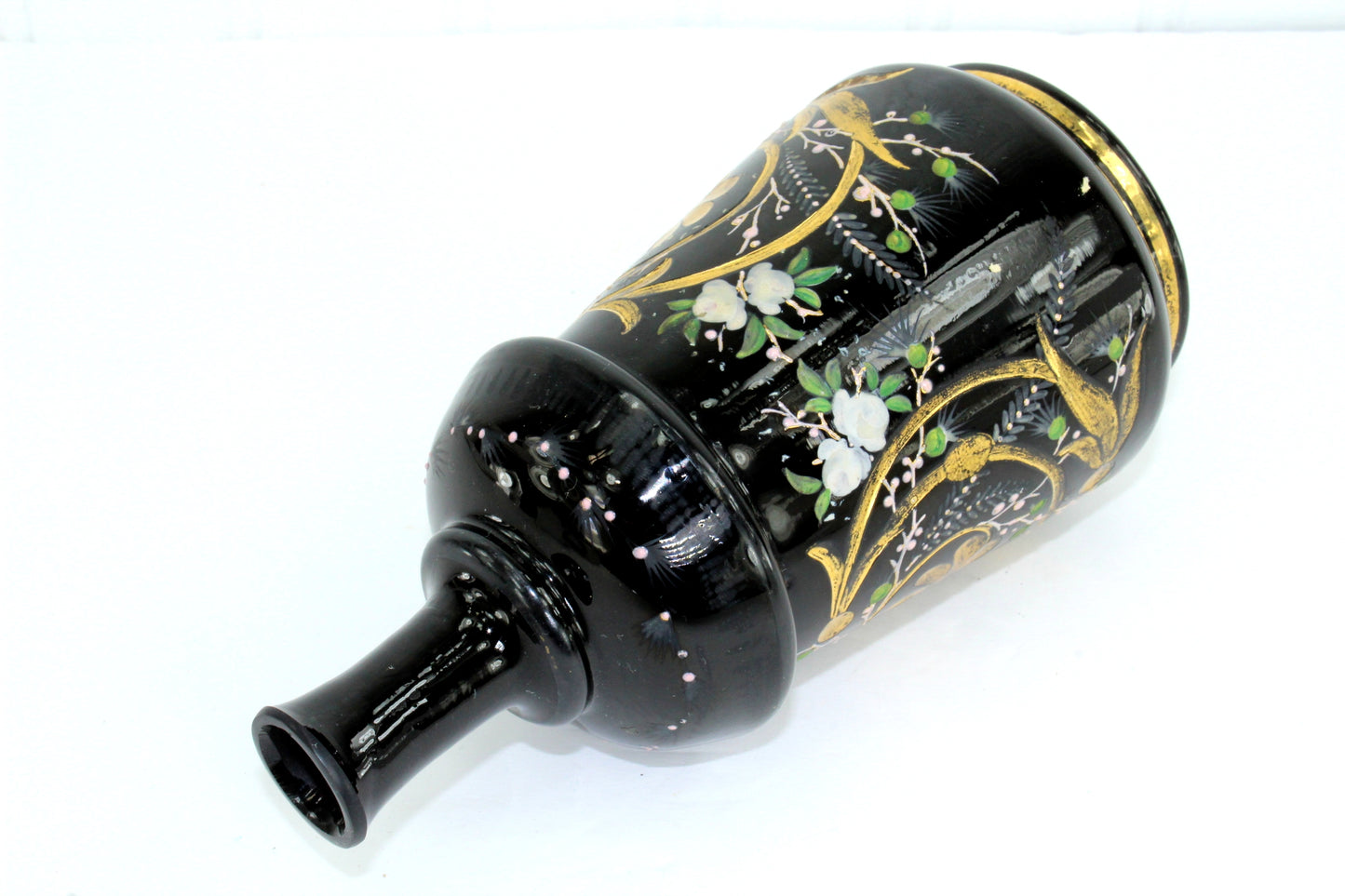 Vintage Czech Scent Barber Bottle Black Enamel Painted Florals very nice older bottle condition