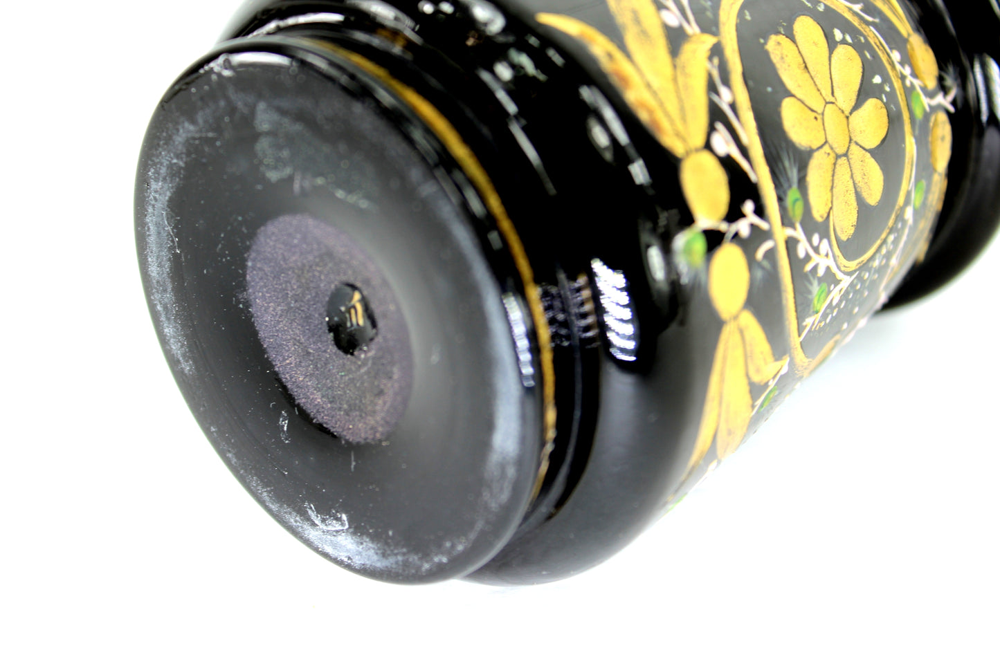 Vintage Czech Scent Barber Bottle Black Enamel Painted Florals signed roman numal lll