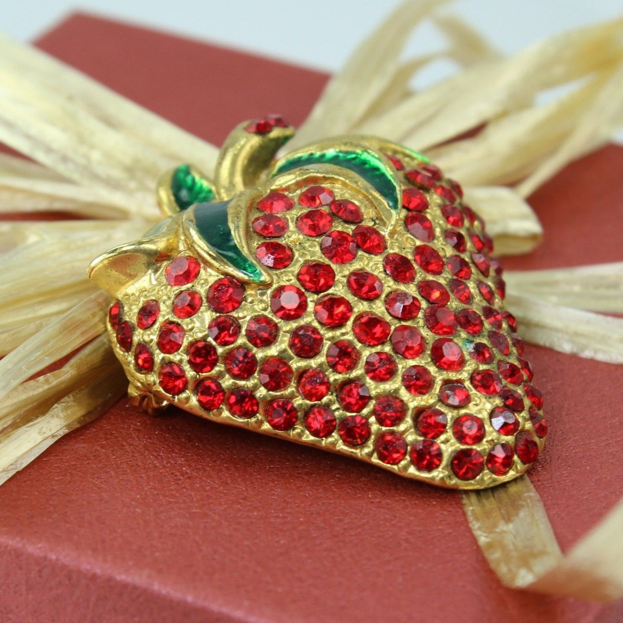 Unmarked Crystal Strawberry Pin Brooch - Red Crystals Green Enamel Leaves