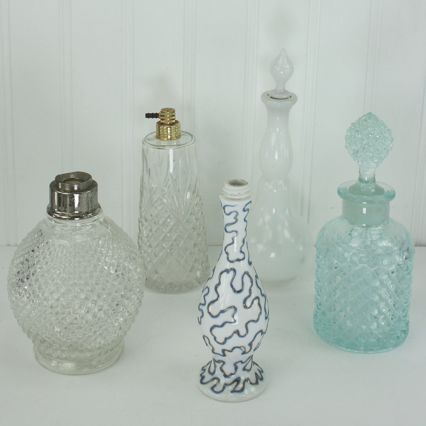 Collection 5 Old GlassPerfume Empty Bottles Lampe Berger France Irice Aqua Diamond Cut Chas Ritz Czech