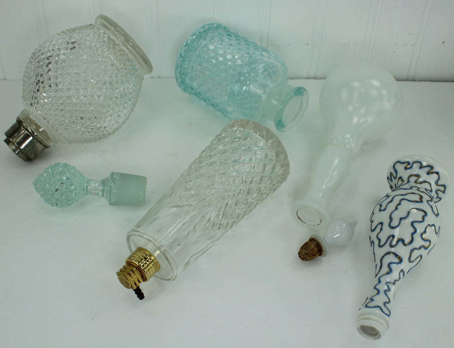 Collection 5 Old GlassPerfume Empty Bottles Lampe Berger France Irice Aqua Diamond Cut Chas Ritz Czech cork stopper ritz