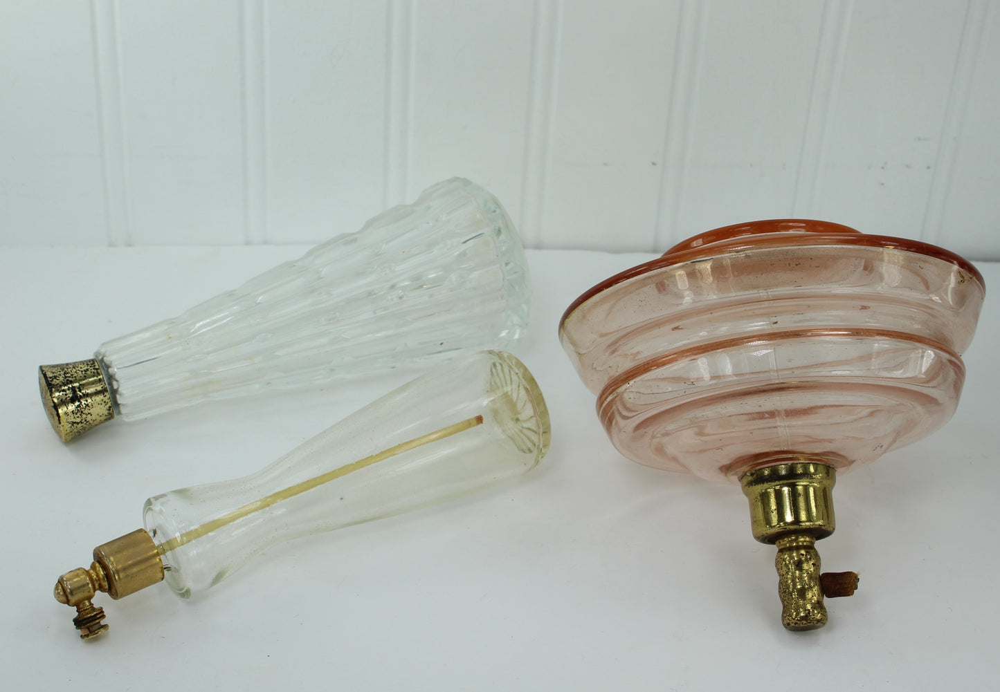 Collection 3 Old Glass Perfume Empty Bottles Large Round Pink Cone Shape Czech czechoslovakia heavy glass