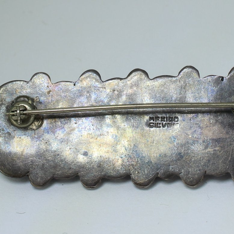 Older Mexico Silver Pin Geometric Dimensional Purple Stones closeup of mark