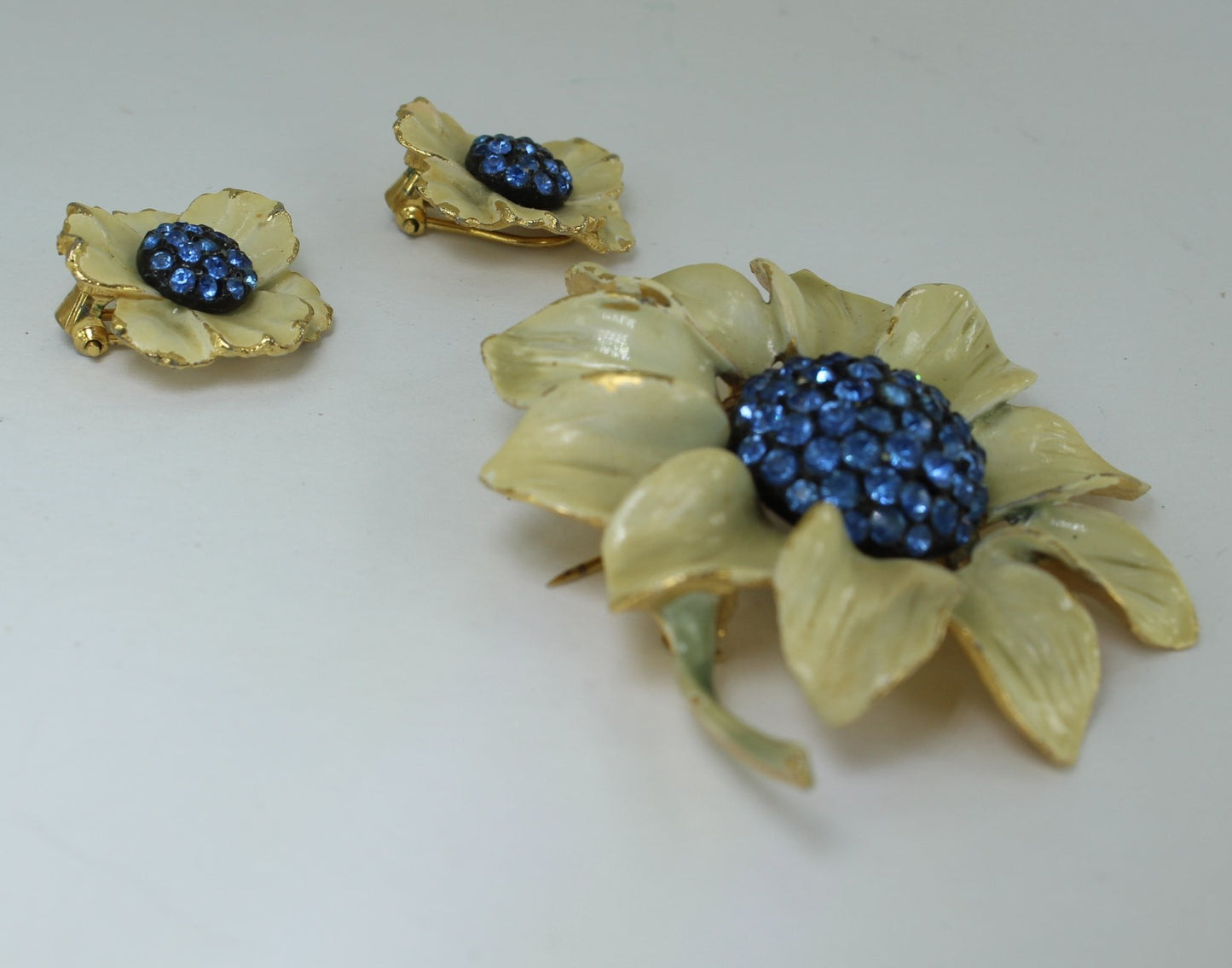 BSK 1950s Set Ivory Enamel Brilliant Blue Pave Centers Earrings Demi Parure Outstanding rare