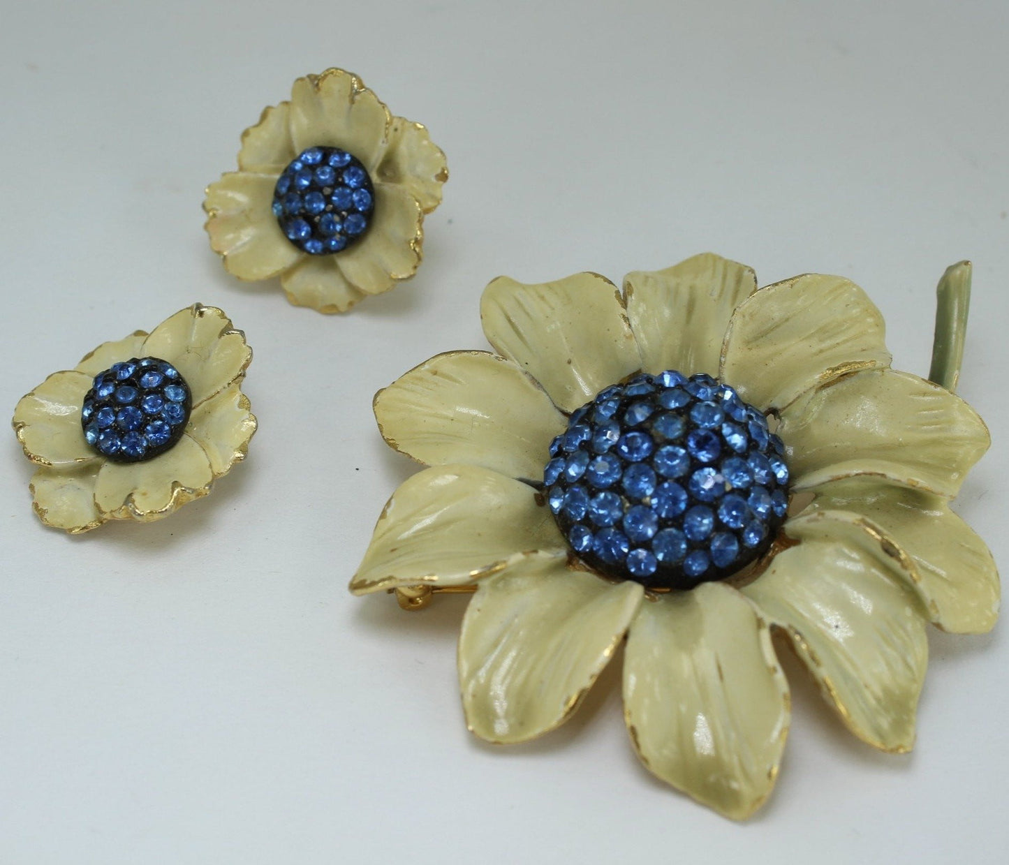 BSK 1950s Set Ivory Enamel Brilliant Blue Pave Centers Earrings Demi Parure Outstanding