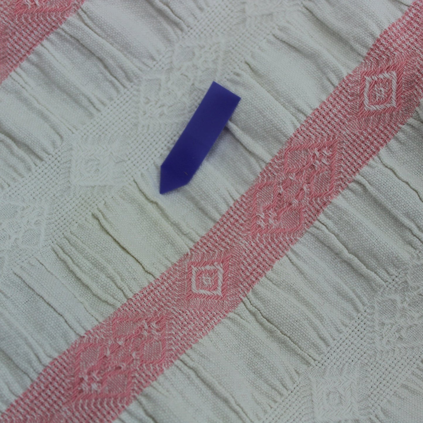 Unusual Ruched Cotton Coverlet Bedspread White Pink Woven Stripe Scalloped Use DIY subtle stains