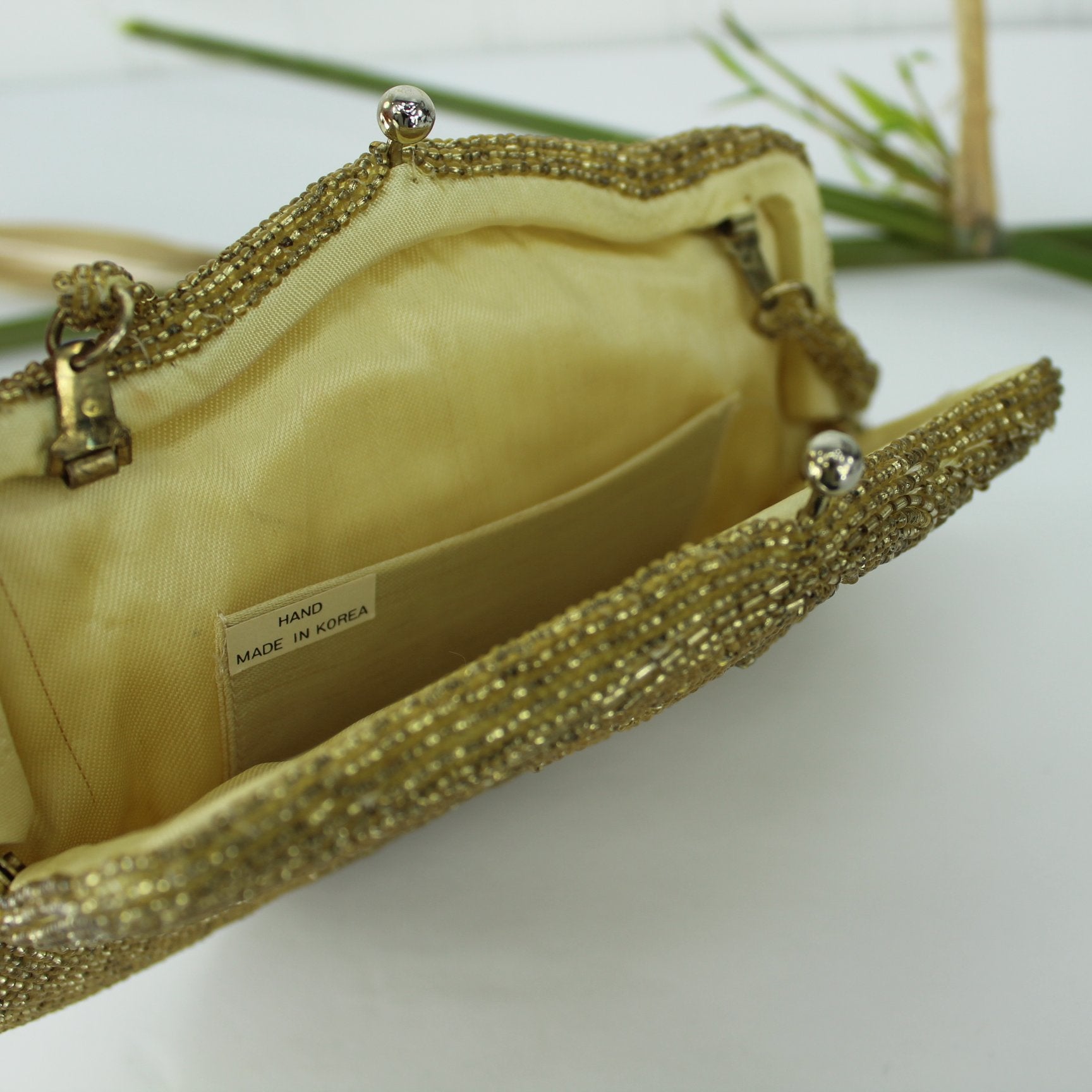 Glitzy Beaded Bag Hand Made Seed Bugle Beads Korea Excellent interior view of party bag with tag