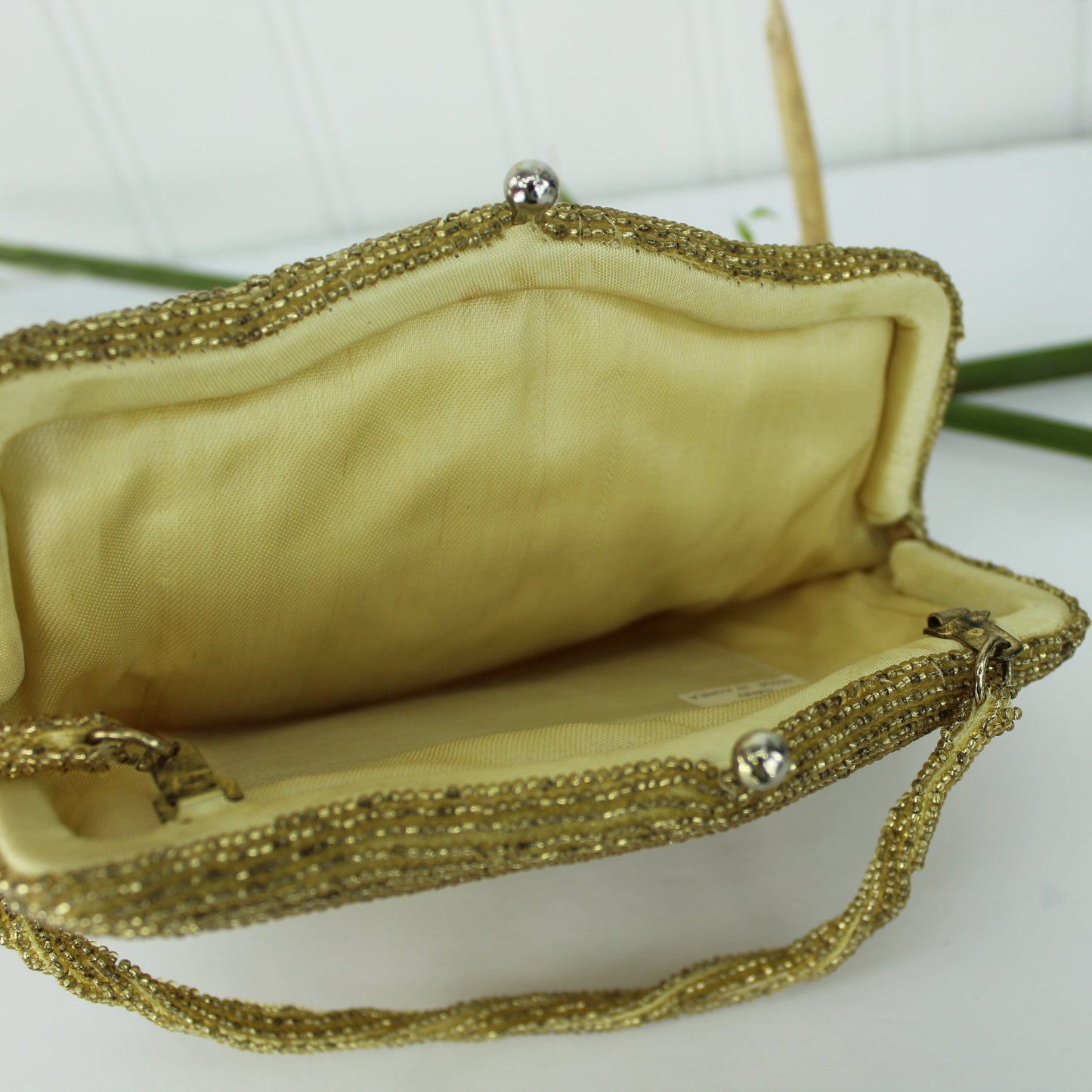 Glitzy Beaded Bag Hand Made Seed Bugle Beads Korea Excellent clean interior view of great little bag