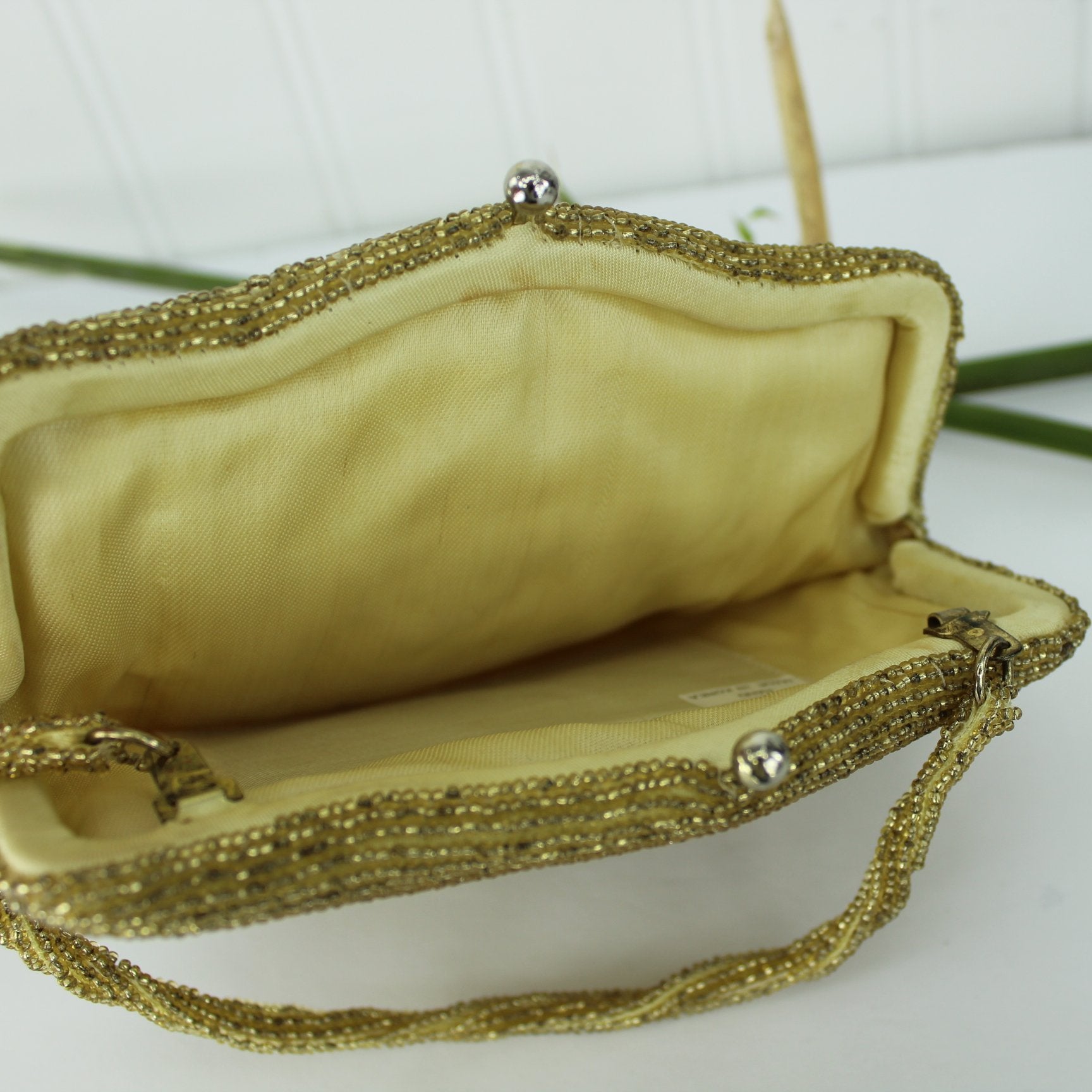 Glitzy Beaded Bag Hand Made Seed Bugle Beads Korea Excellent clean interior view of great little bag