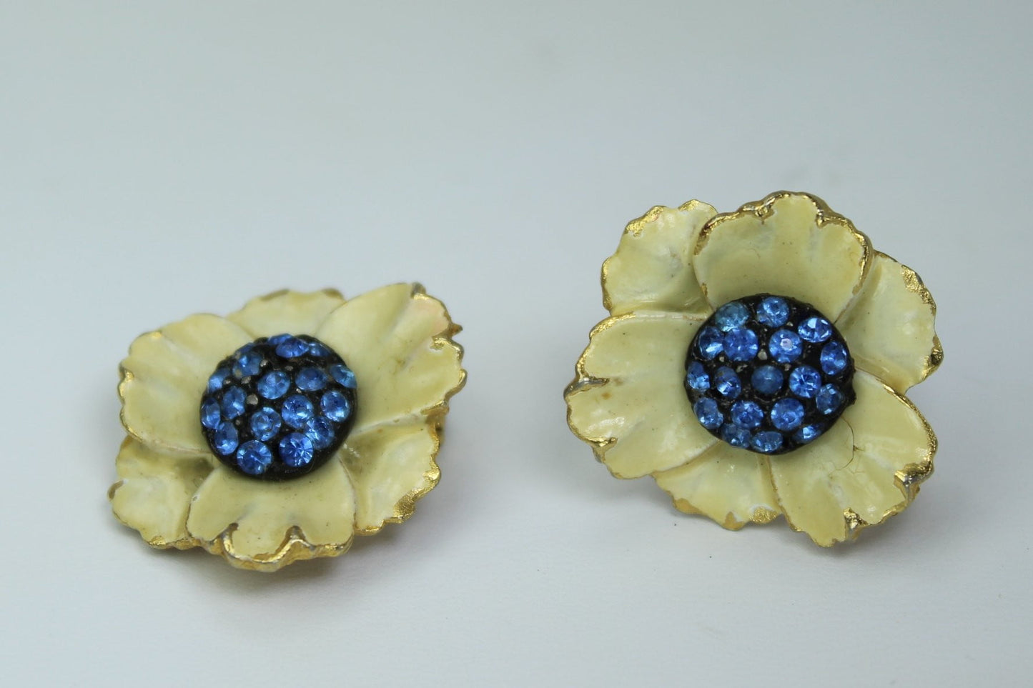 BSK 1950s Set Ivory Enamel Brilliant Blue Pave Centers Earrings Demi Parure Outstanding mid century