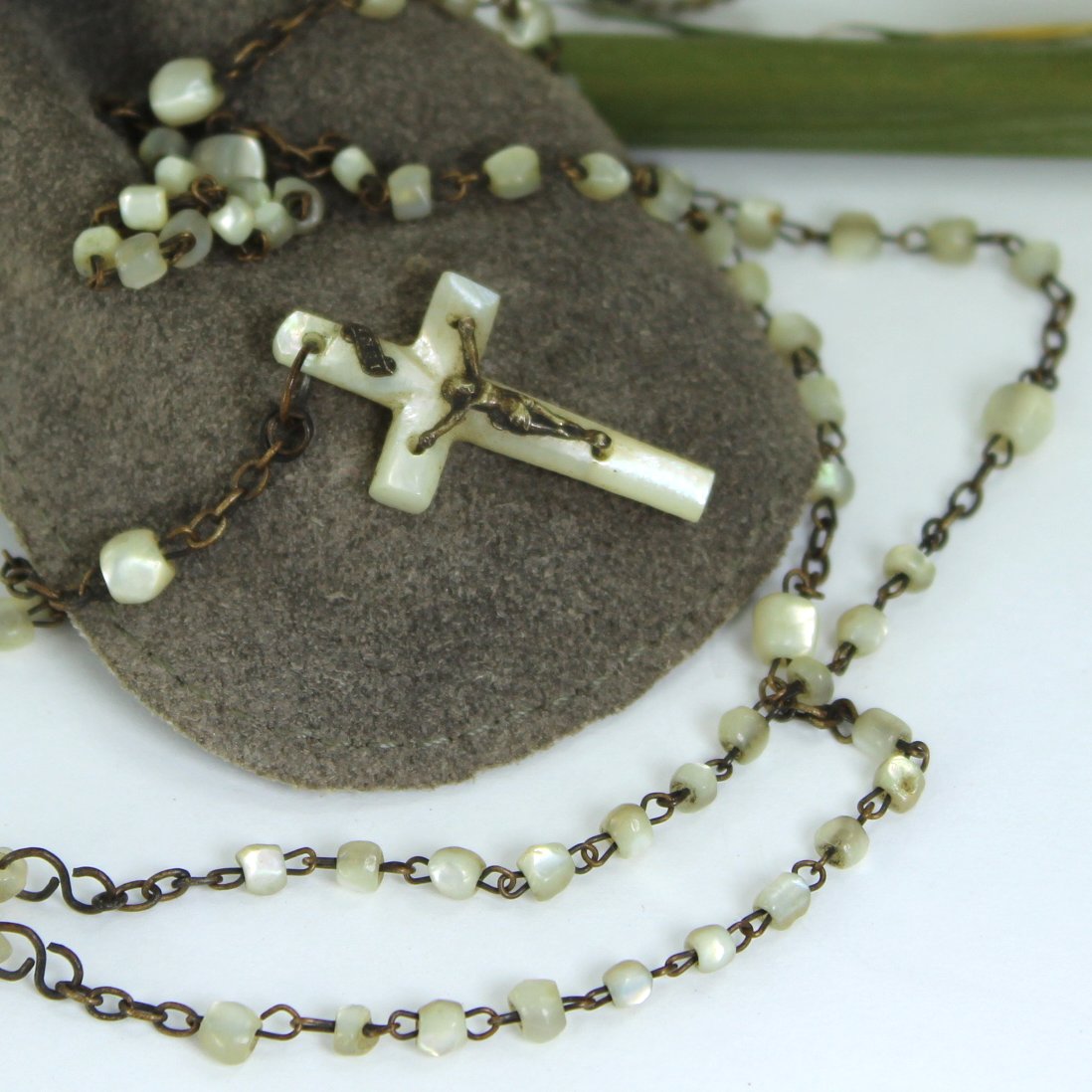 Rosary Mother of Pearl Cross Beads 1950s closeup of rosary