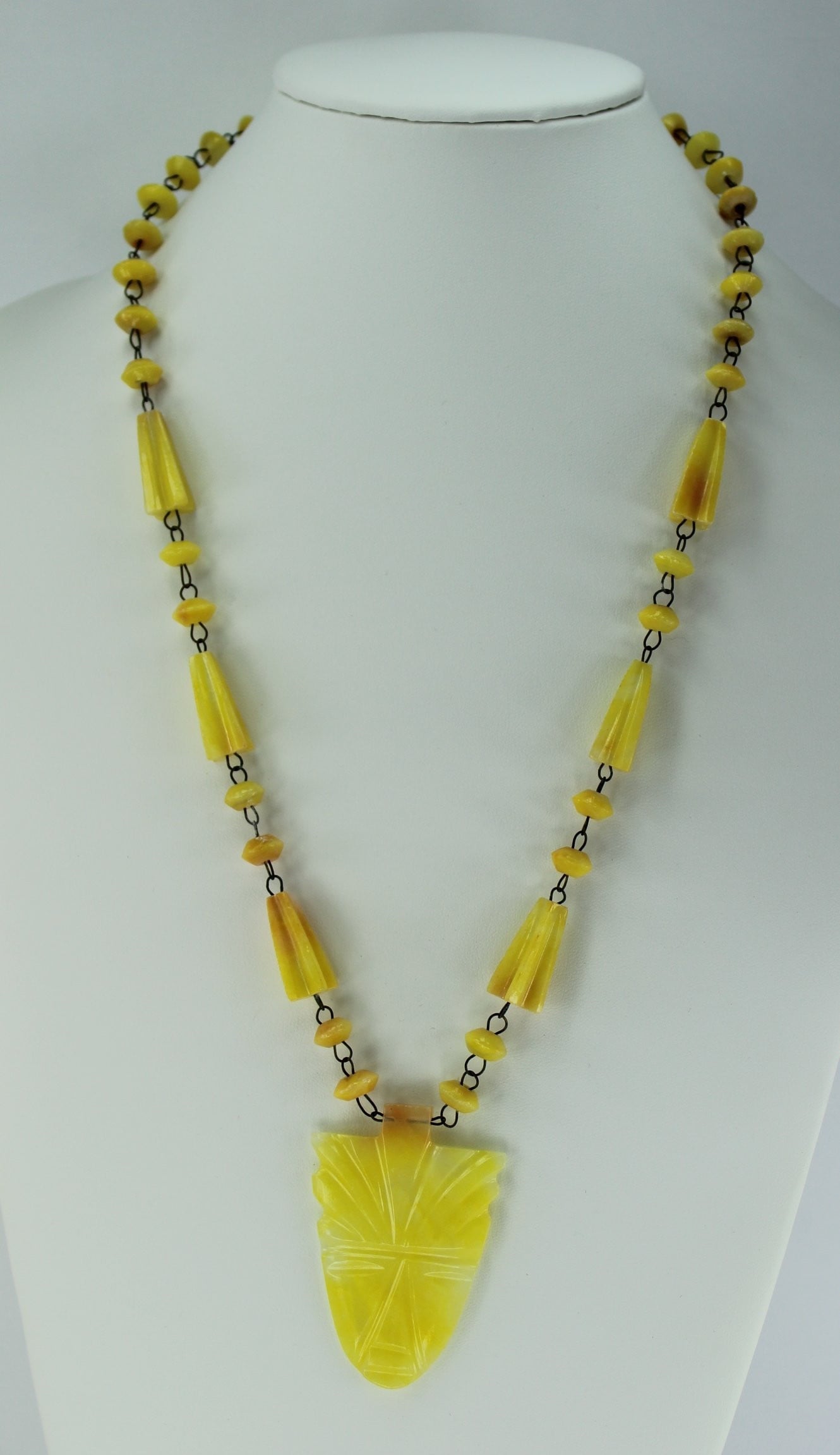Artisan Necklace Yellow Stone Mask Pendant Bead Chain