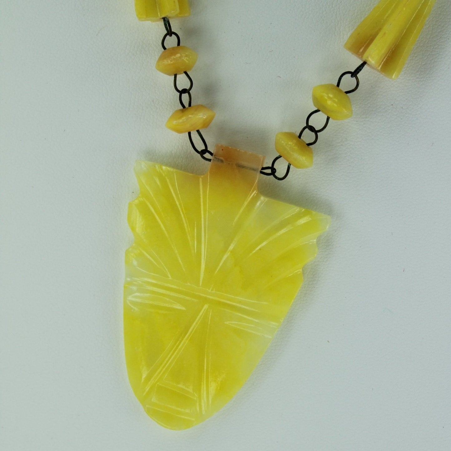 Artisan Necklace Yellow Stone Mask Pendant Bead Chain carved Vintage