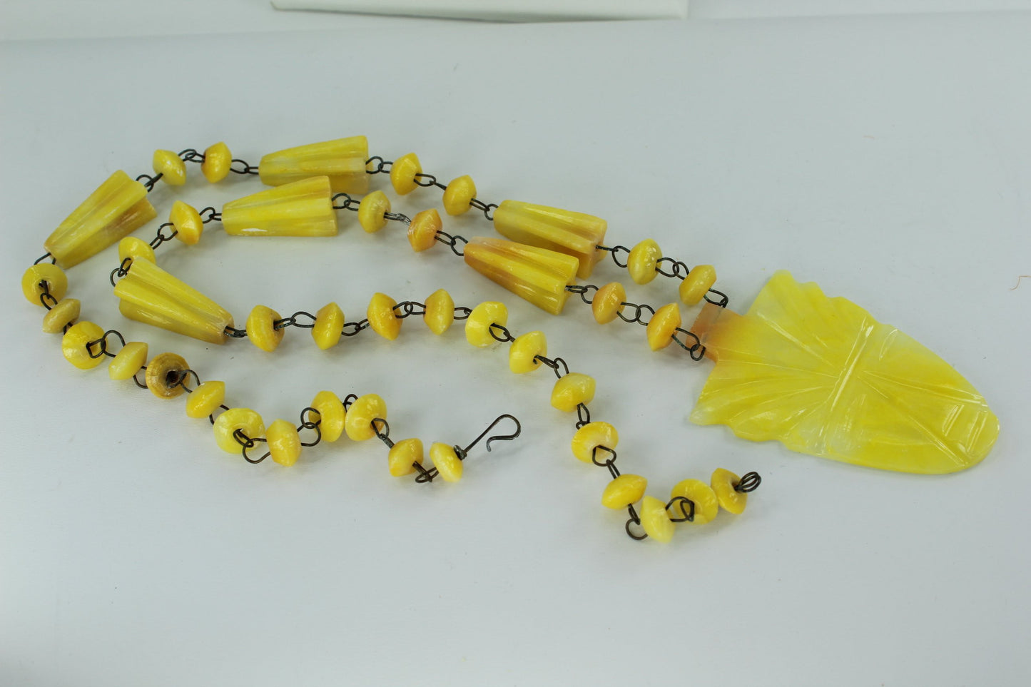 Artisan Necklace Yellow Stone Mask Pendant Bead Chain unusual