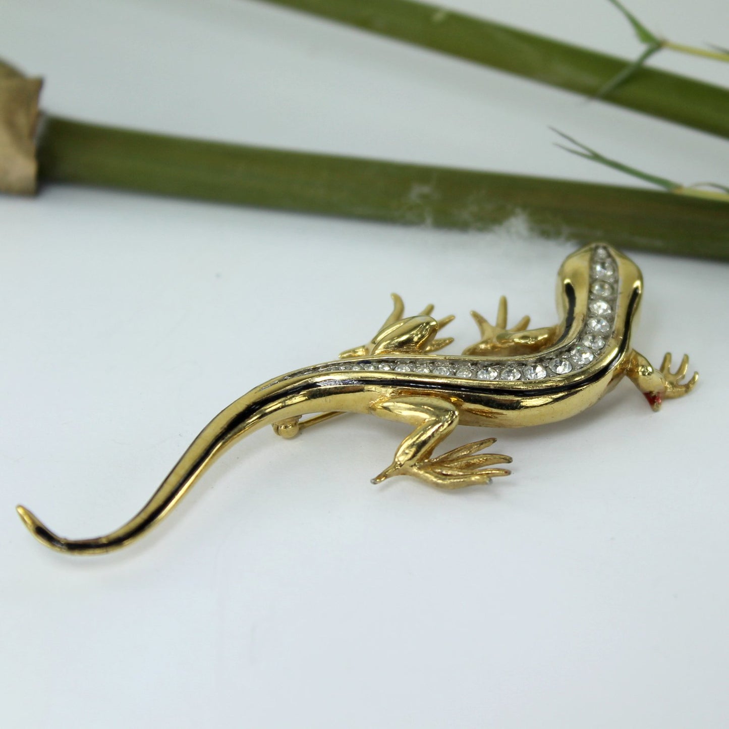 Sparkling Carolee Lizard Gecko Pin Brooch Rhinestones Galore Black Enamel long back view of lizard
