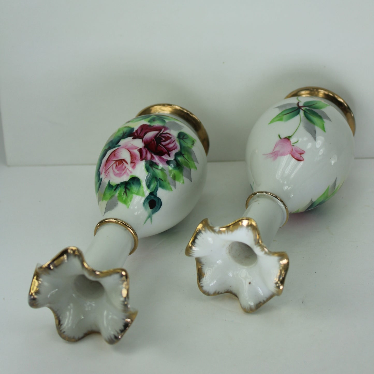 Pair Nasco Japan Vases Made Japan Roses Gilt Mid Century Hand Paint Orig Labels roses green leaves lots of gilt