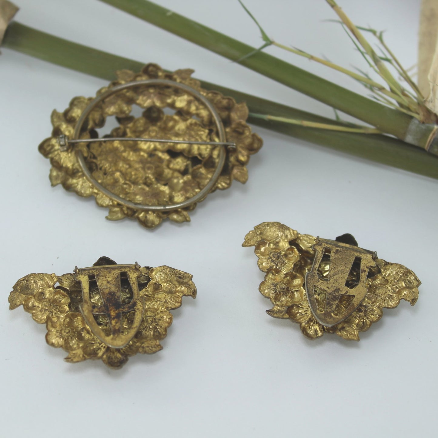 Old Set Pin Matching Clips Dress Coat Floral Clusters Metal Wear or DIY Project no markings but old