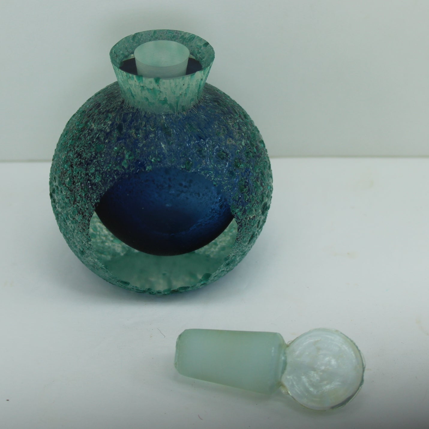 Blue Encrusted Perfume Bottle Glass Hand Blown Encased Blues Aqua Outstanding matching smooth dauber