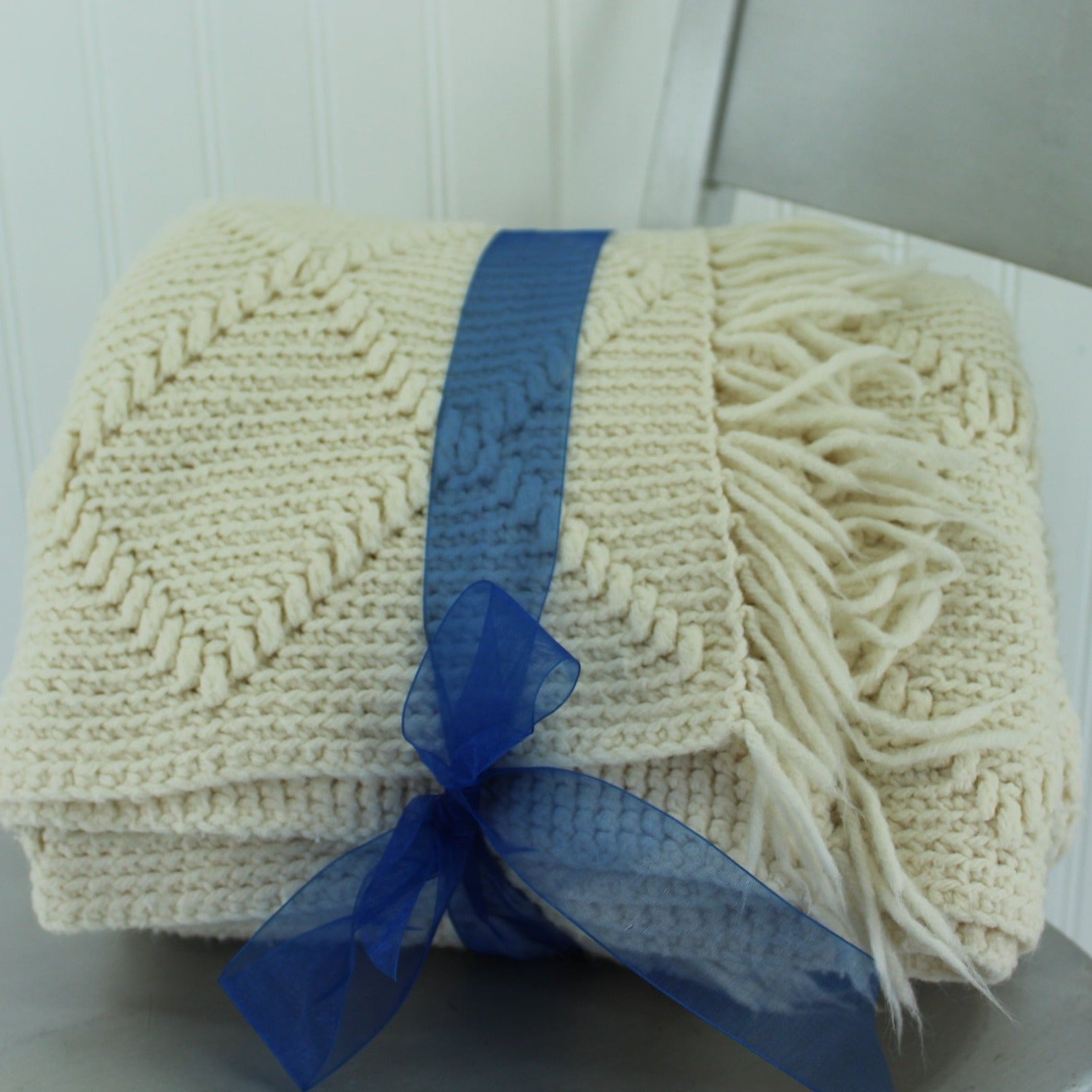 Hand Made Afghan Dimensional Design Acrylic Blend Throw Ivory 45" X 71" Knotted Fringe