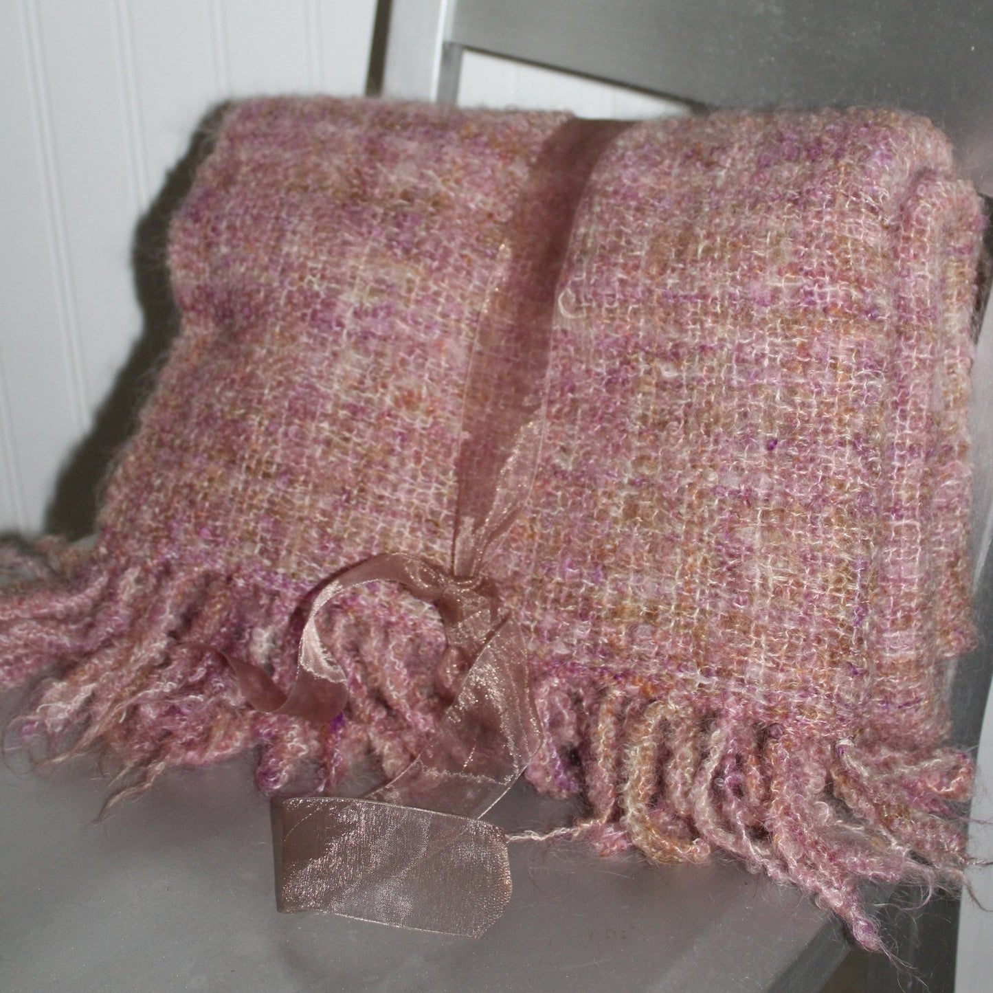 Fringed Wool Shawl Lavenders Purple Cocoa Long 25" X 78" Lightweight