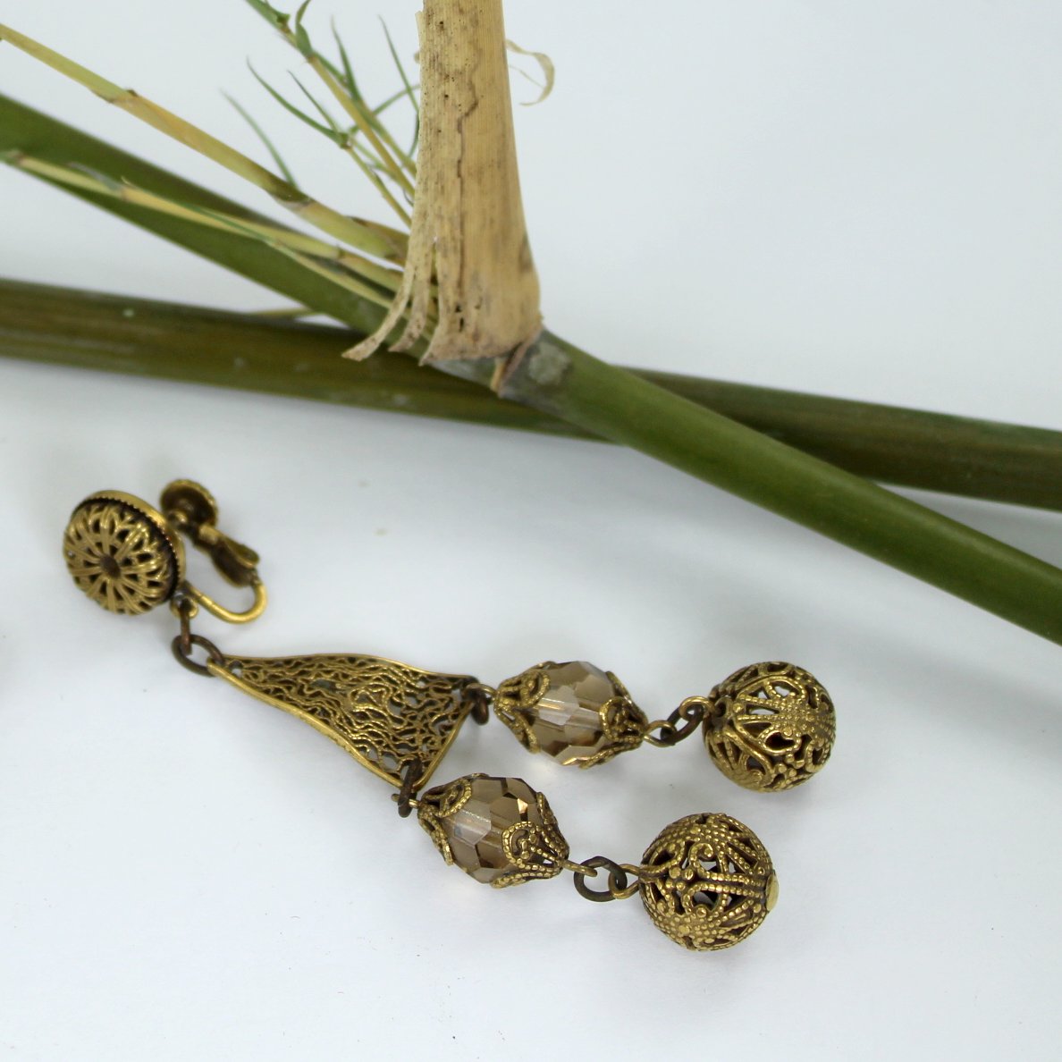 Accessocraft NYC Screw Back Earrings Filigree Crystal Beads Long Chandeliers closeup 1 earring
