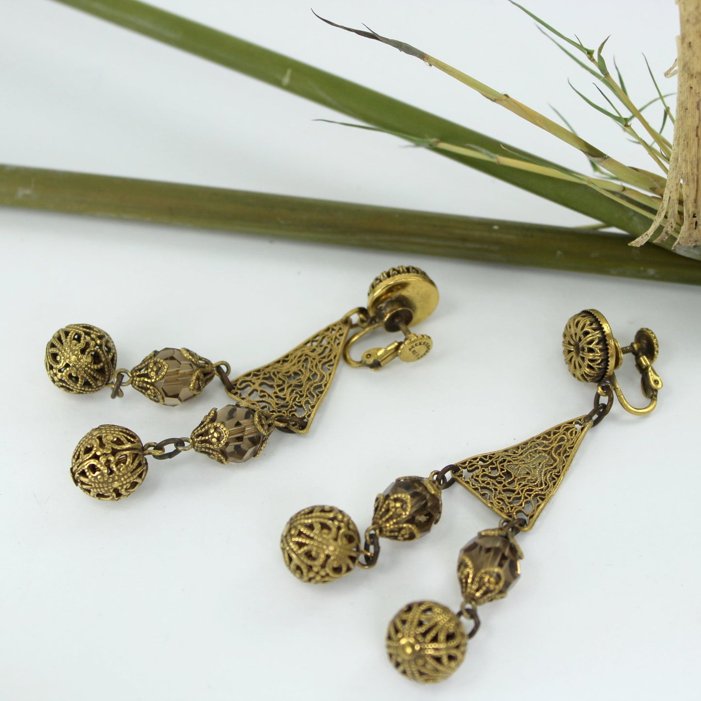 Accessocraft NYC Screw Back Earrings Filigree Crystal Beads Long Chandeliers closeup