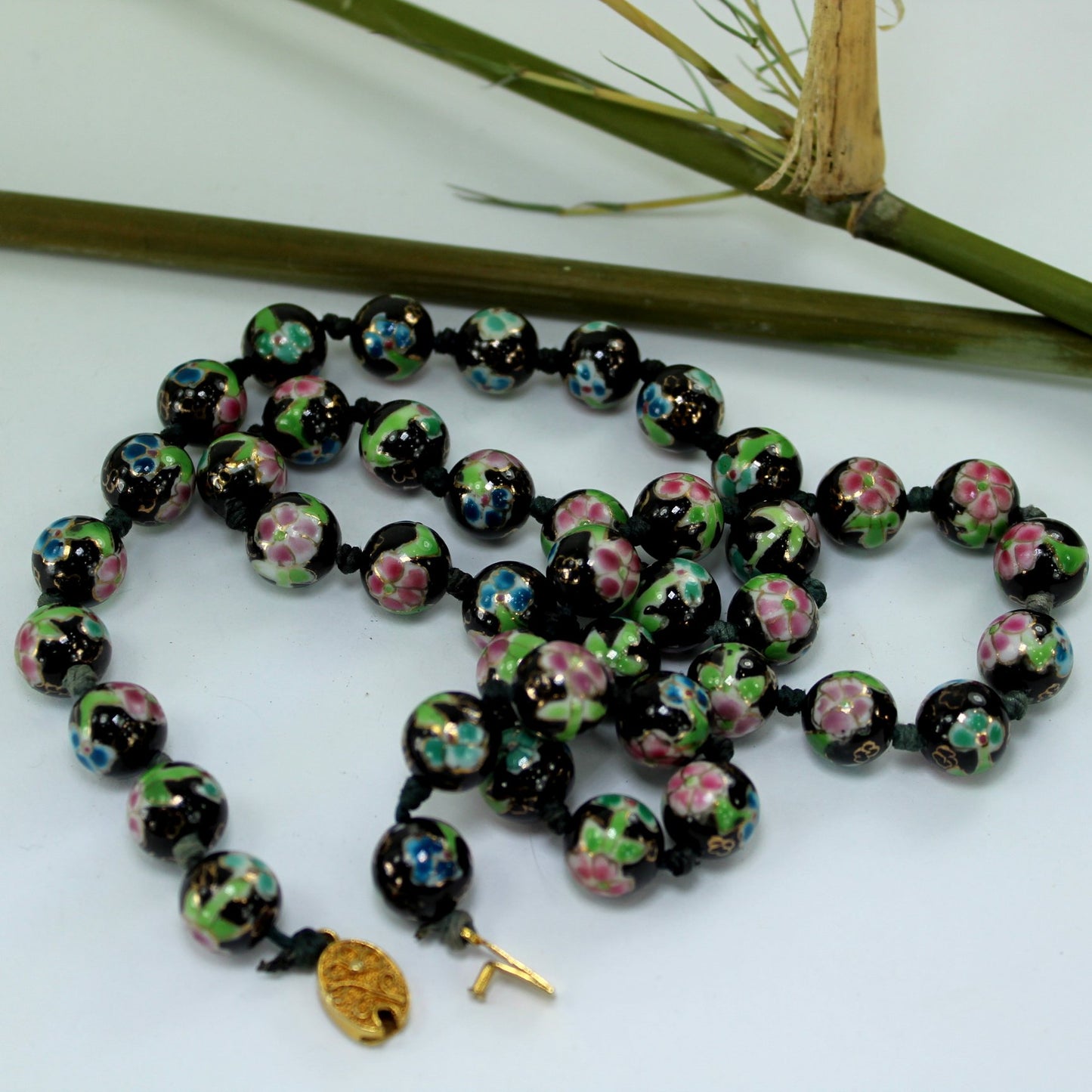 Older Cloisonne Hand Knotted Necklace 42 Beads 11mm Black Pink Blue