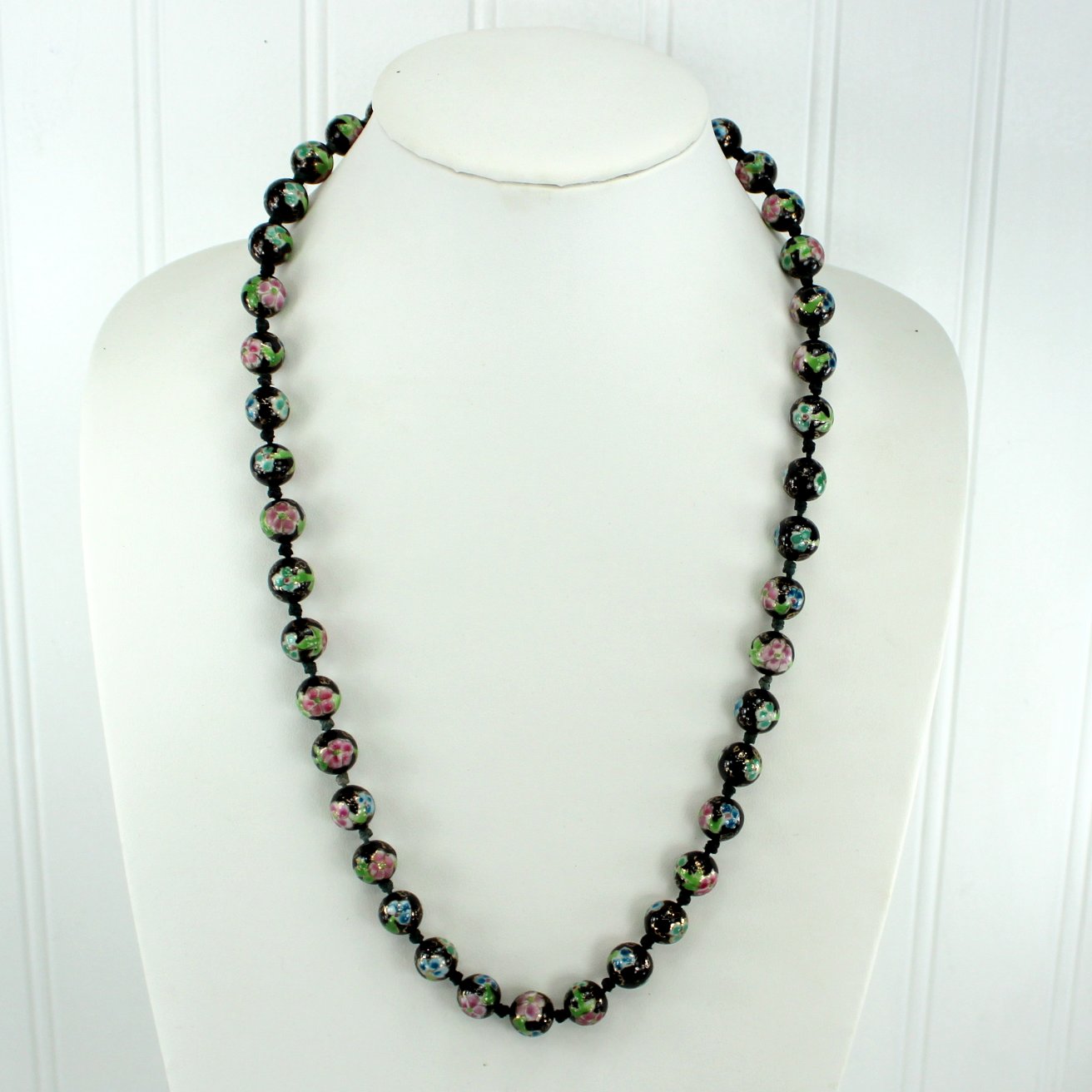 Older Cloisonne Hand Knotted Necklace 42 Beads 11mm Black Pink Blue full view on neck