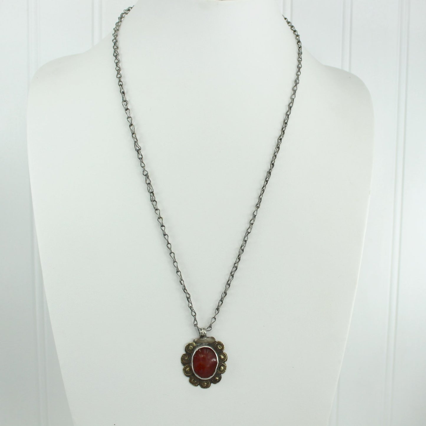 African Necklace Cinnabar Multi Metals Composite Framed Stone Hand Made full length view