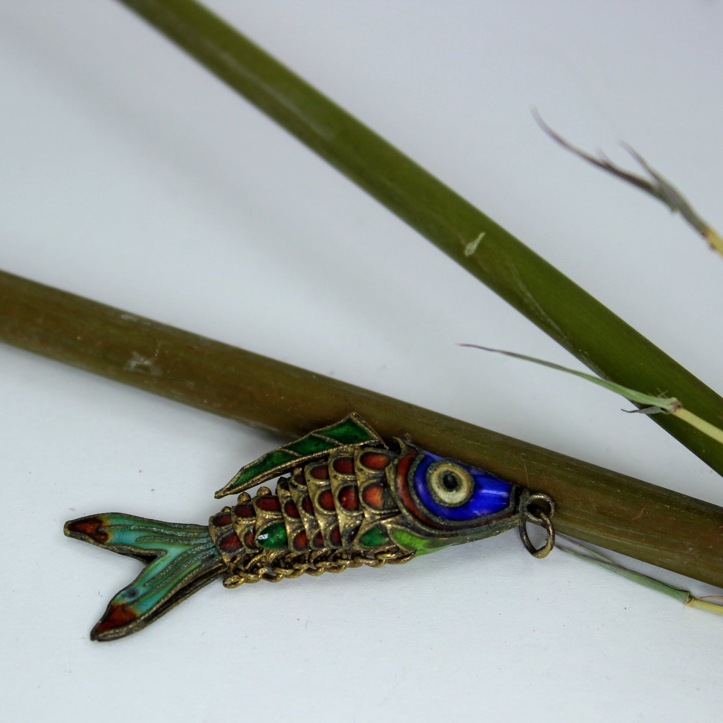Enamel Cloisonne Pendant Articulated Fish Colorful Cobalt Aqua Green Red