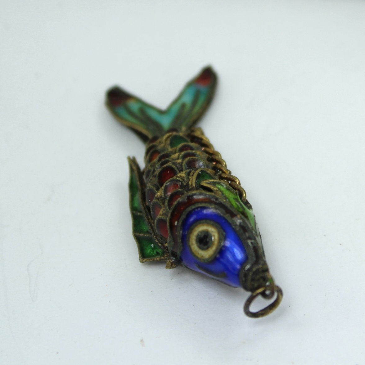 Enamel Cloisonne Pendant Articulated Fish Colorful Cobalt Aqua Green Red beautiful enamel colors