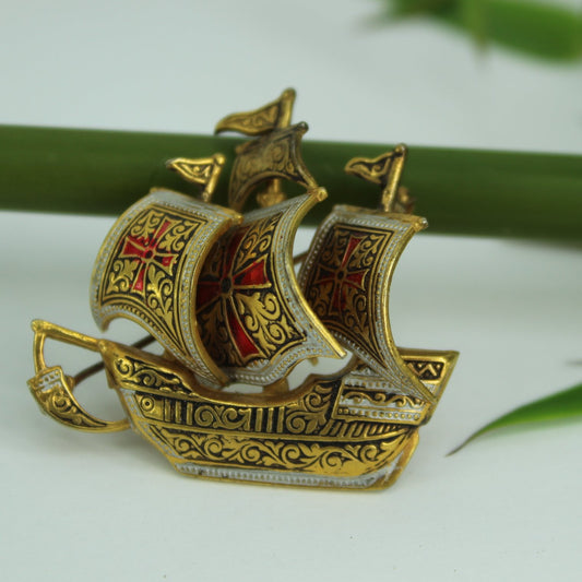 Handsome Damascene Sailing Ship Pin Colorful Marked Spain