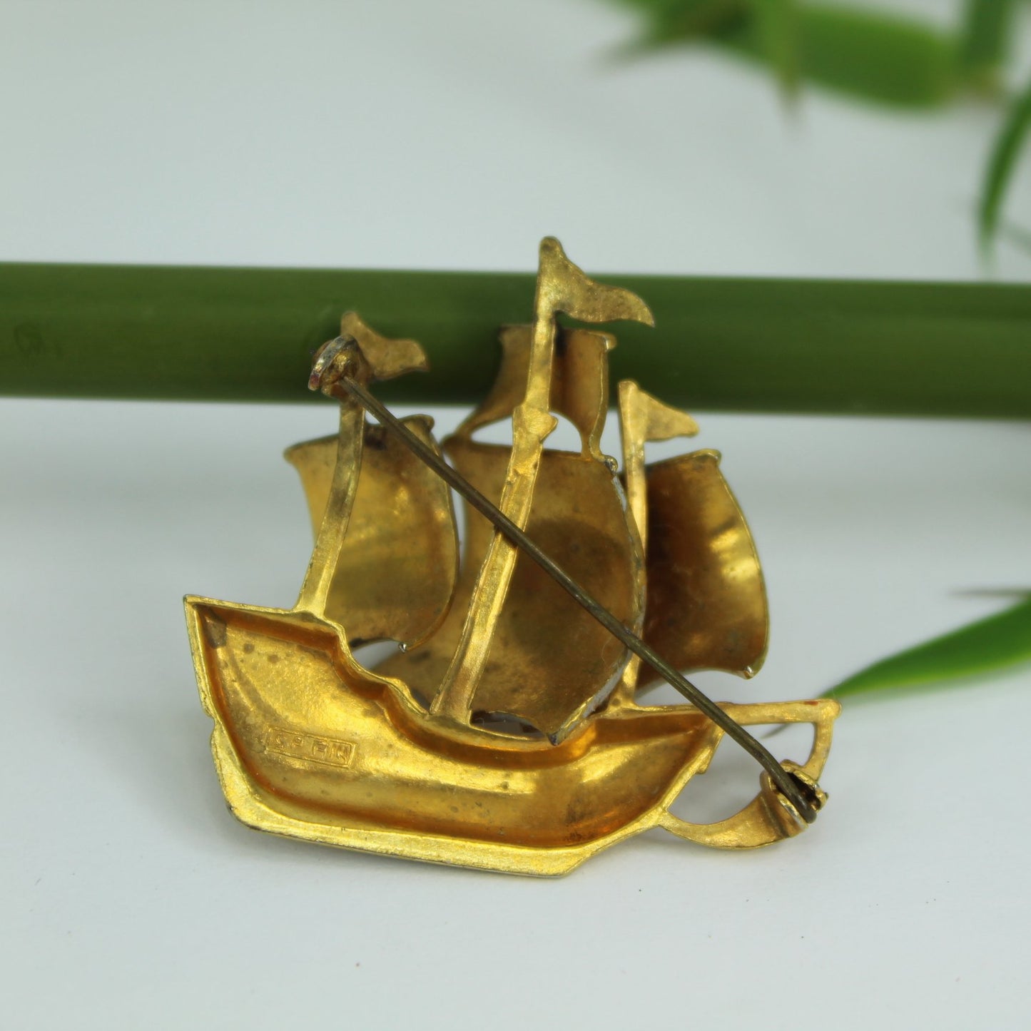 Handsome Damascene Sailing Ship Pin Colorful Marked Spain reverse of pin