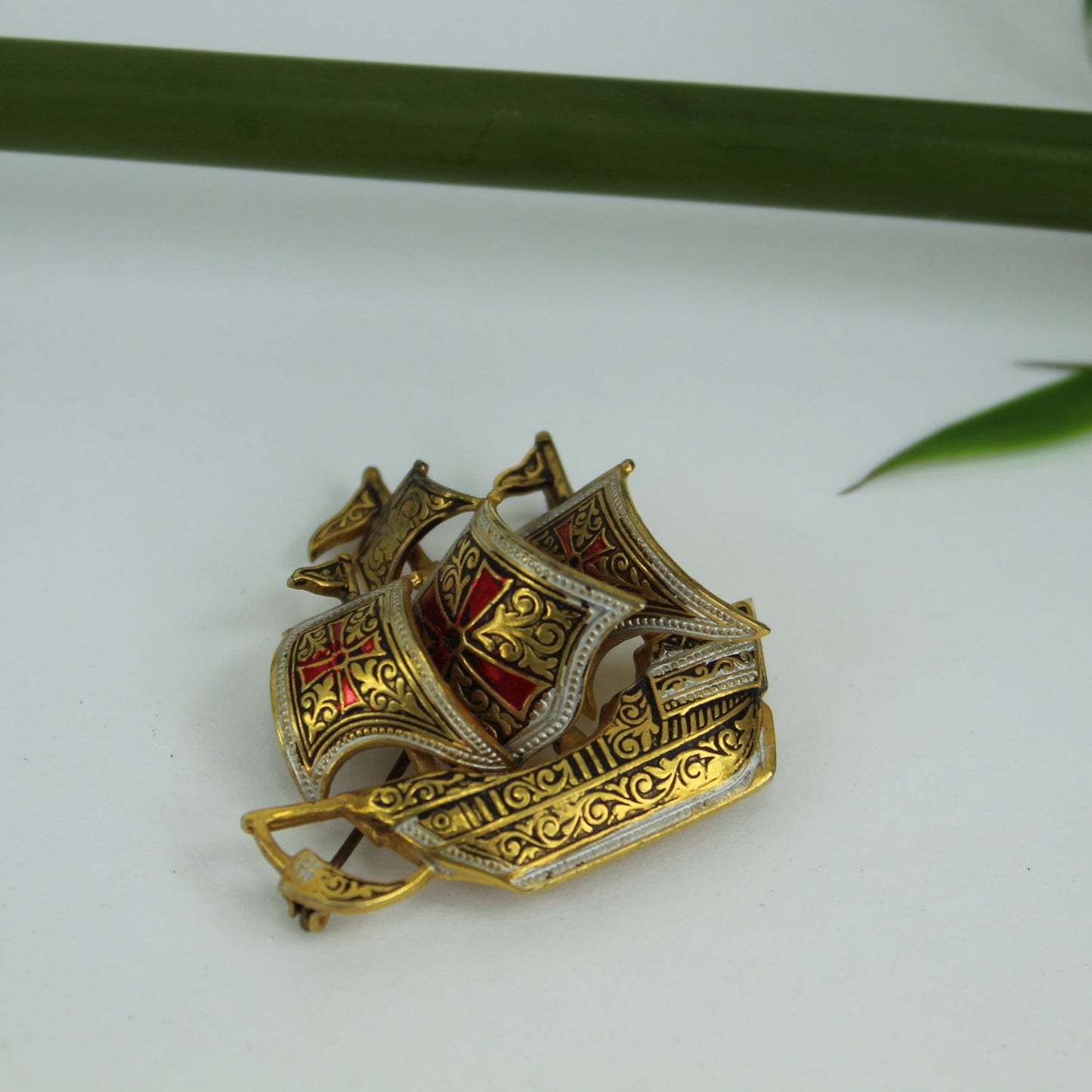 Handsome Damascene Sailing Ship Pin Colorful Marked Spain 3 mast sailing ship