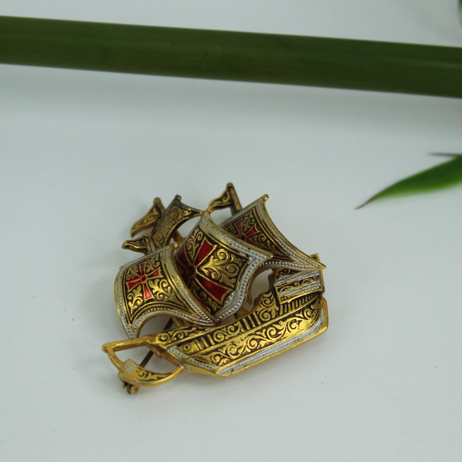 Handsome Damascene Sailing Ship Pin Colorful Marked Spain 3 mast sailing ship