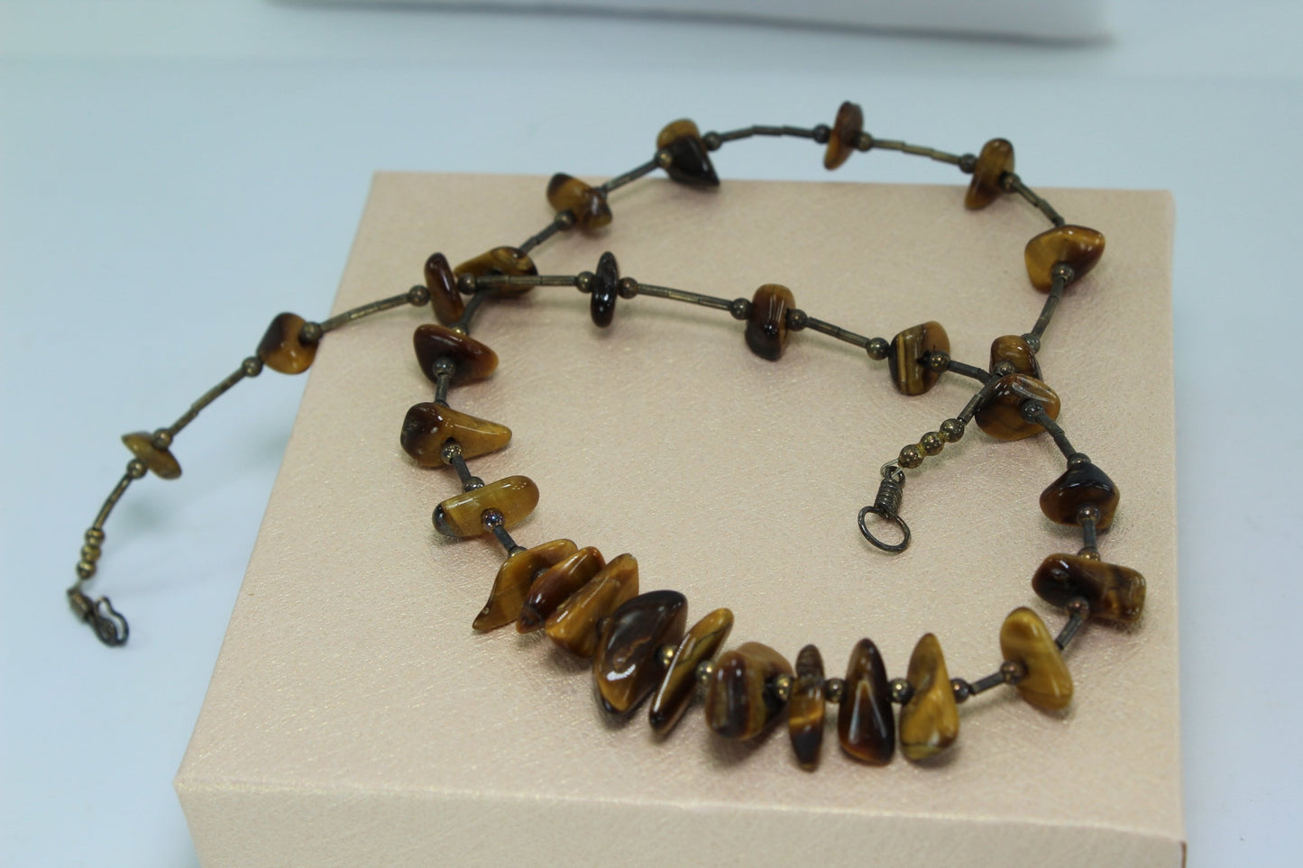Necklace Tigers Eye Nugget Shapes Silver Beads Great Feel Look 16"
